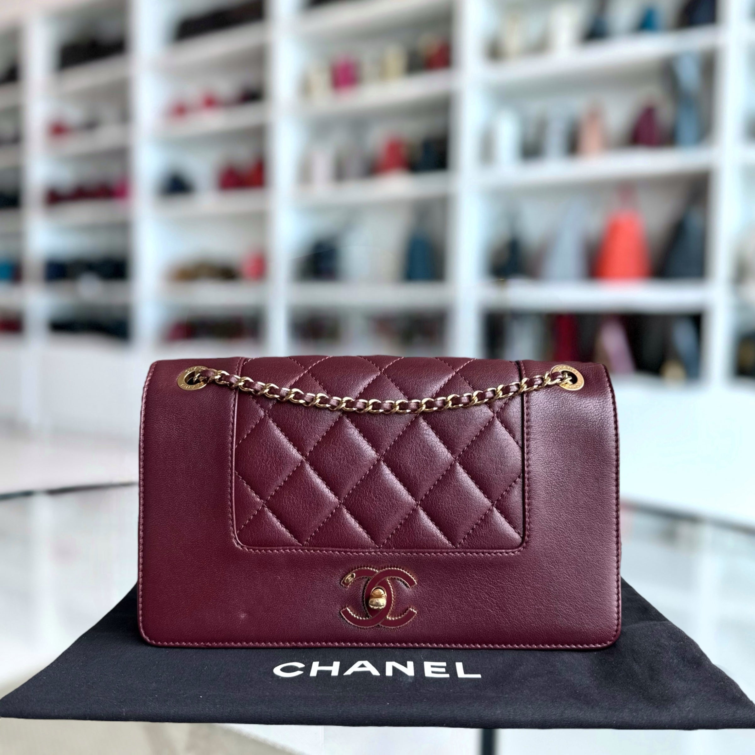 Chanel Mademoiselle Seasonal Flap - 22CM Quilted Lambskin Burgundy Gold Hardware Series 23