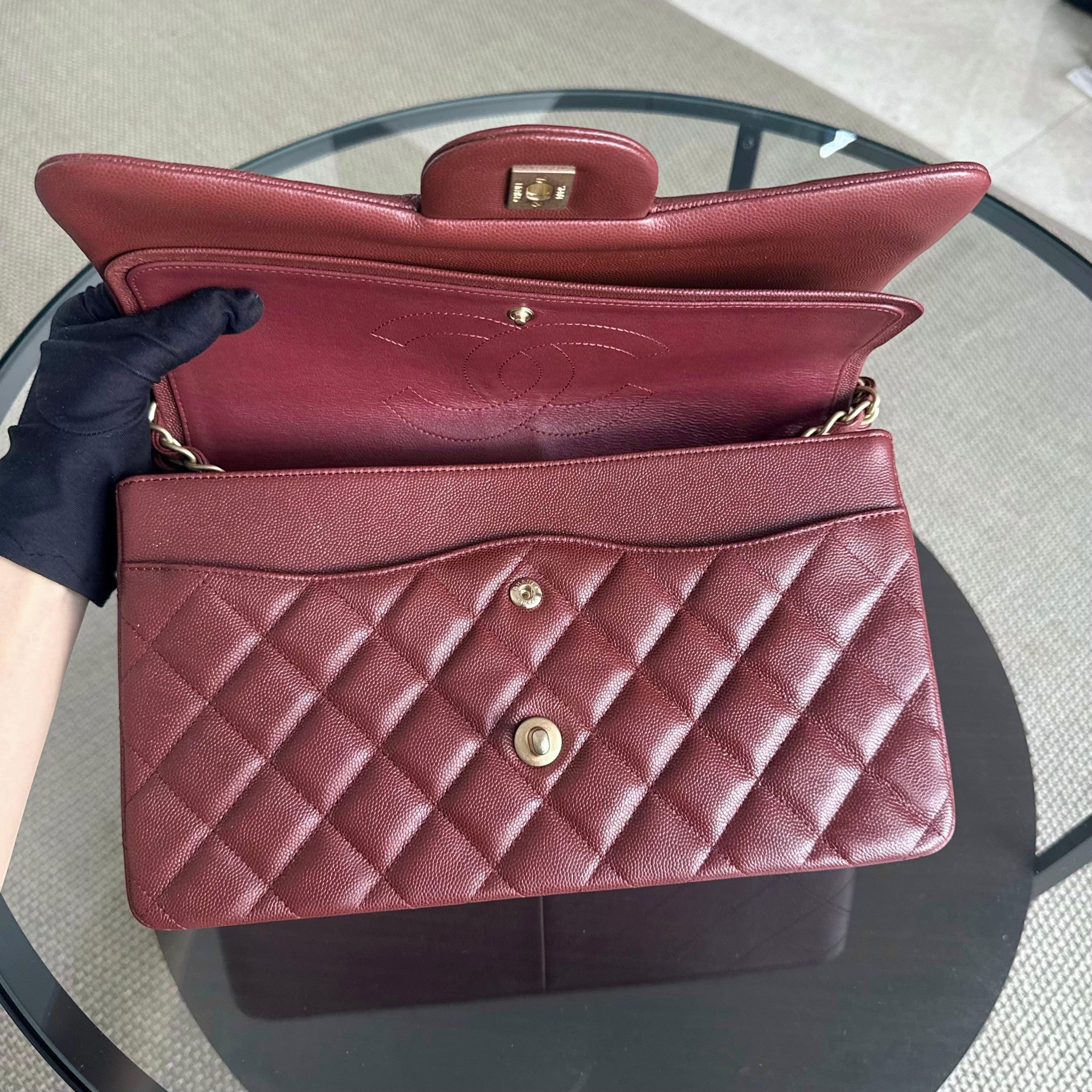 Chanel Classic Flap Jumbo - Caviar 30CM Double Flap Quilted Burgundy Gold Hardware series 25
