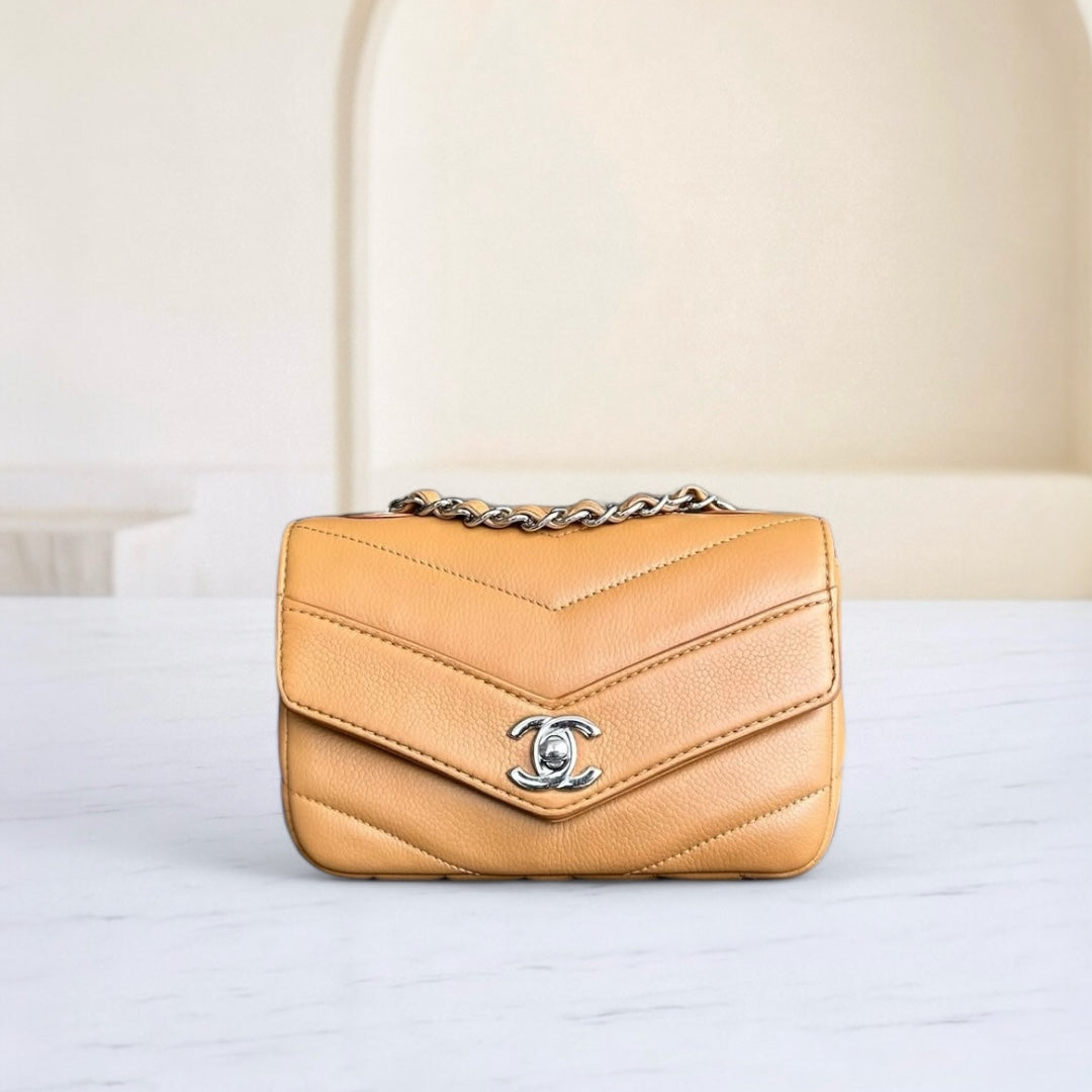 Chanel Mini Square Flap - Caviar V Stitch Chevron Seasonal Calfskin Light Brown SHW No 24