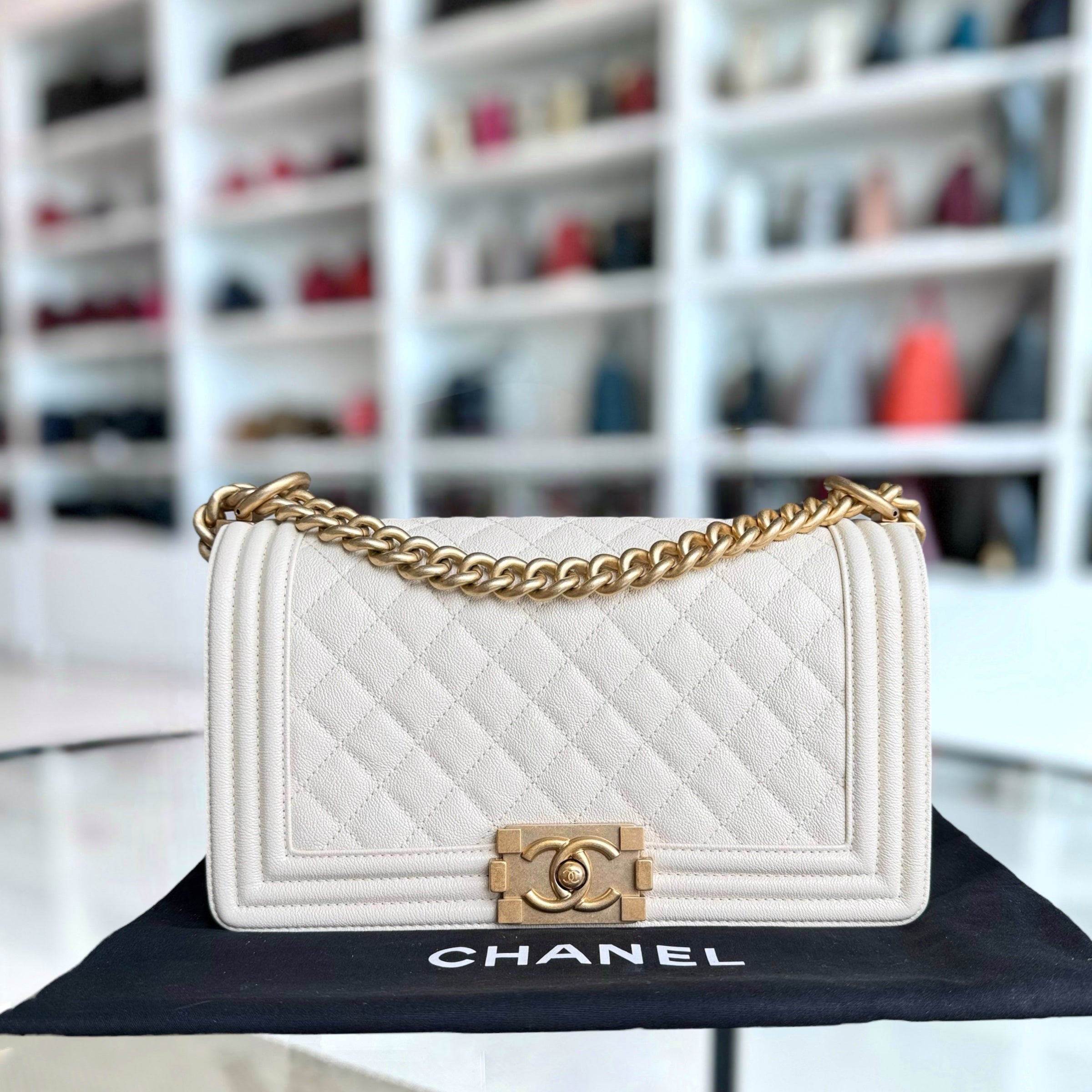 Chanel Boy Medium - Caviar 25CM Cream White Aged Gold Hardware Series 26