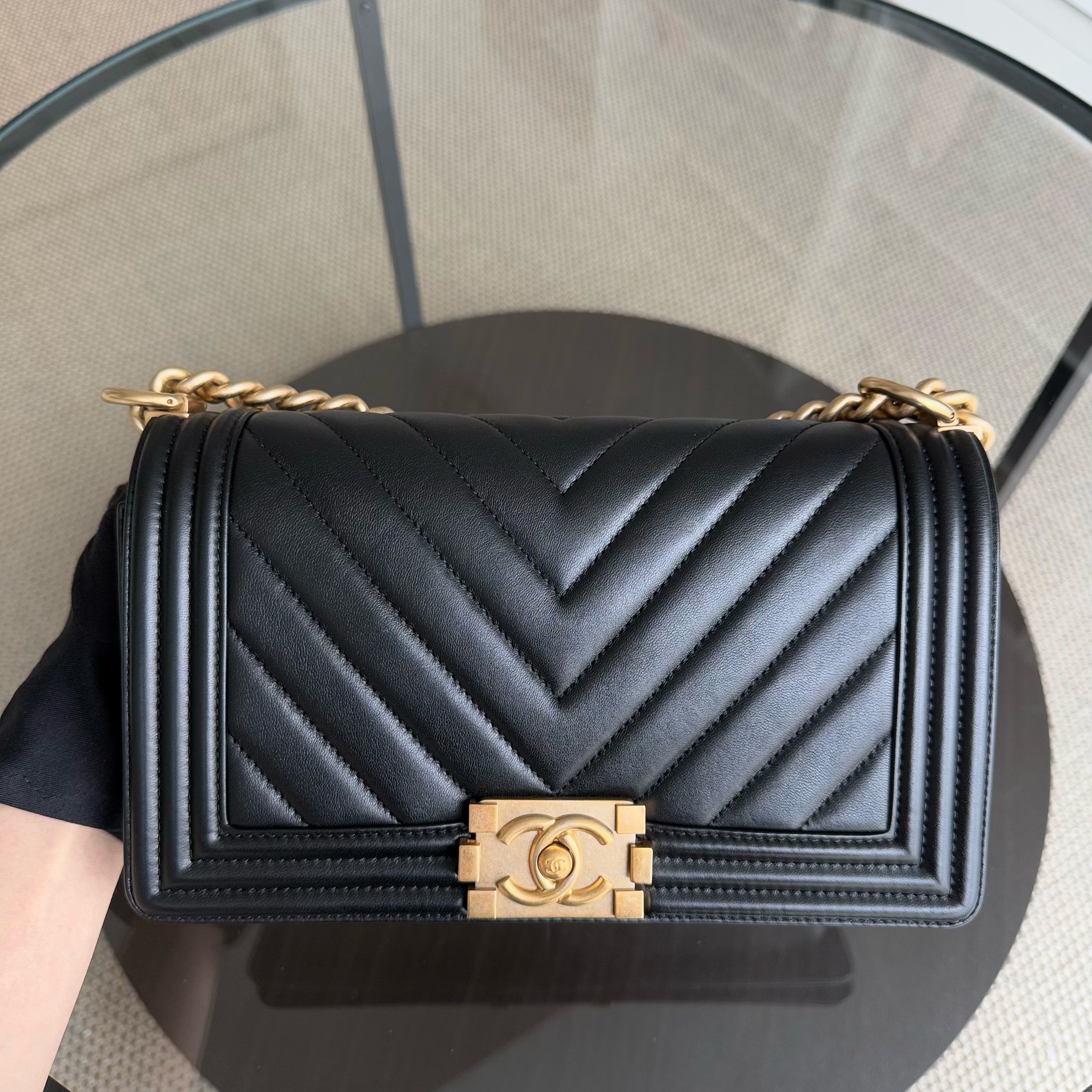 Chanel Boy Medium - Calfskin 25CM Chevron Black Gold Hardware Series 24