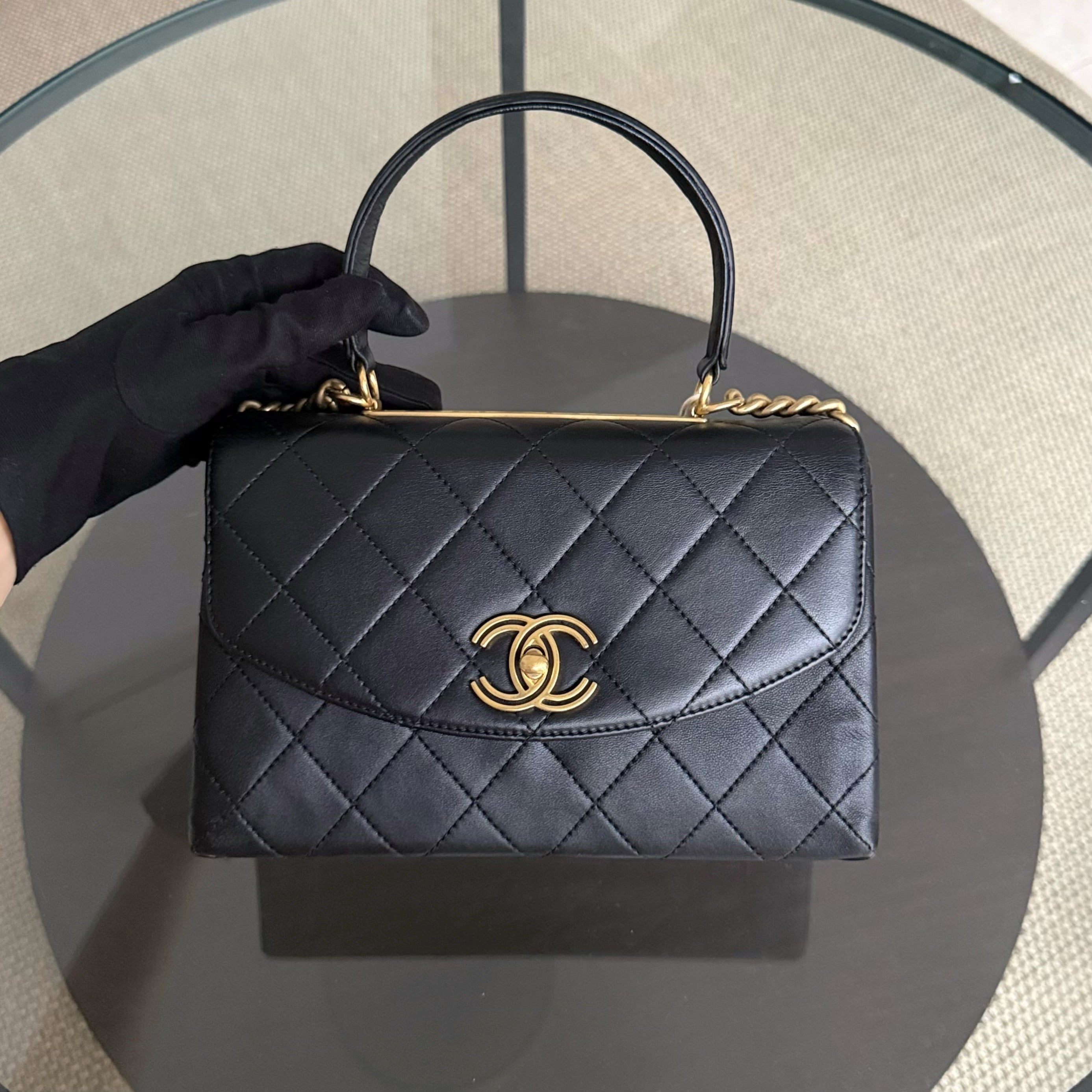 Chanel Handle Medium - 24CM Calfskin Quilted Black Gold Hardware Series 28