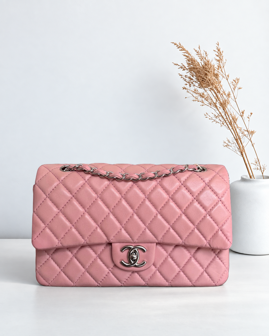 Chanel Classic Flap Medium - 25CM Quilted Lambskin Light Pink Silver Hardware Series 12