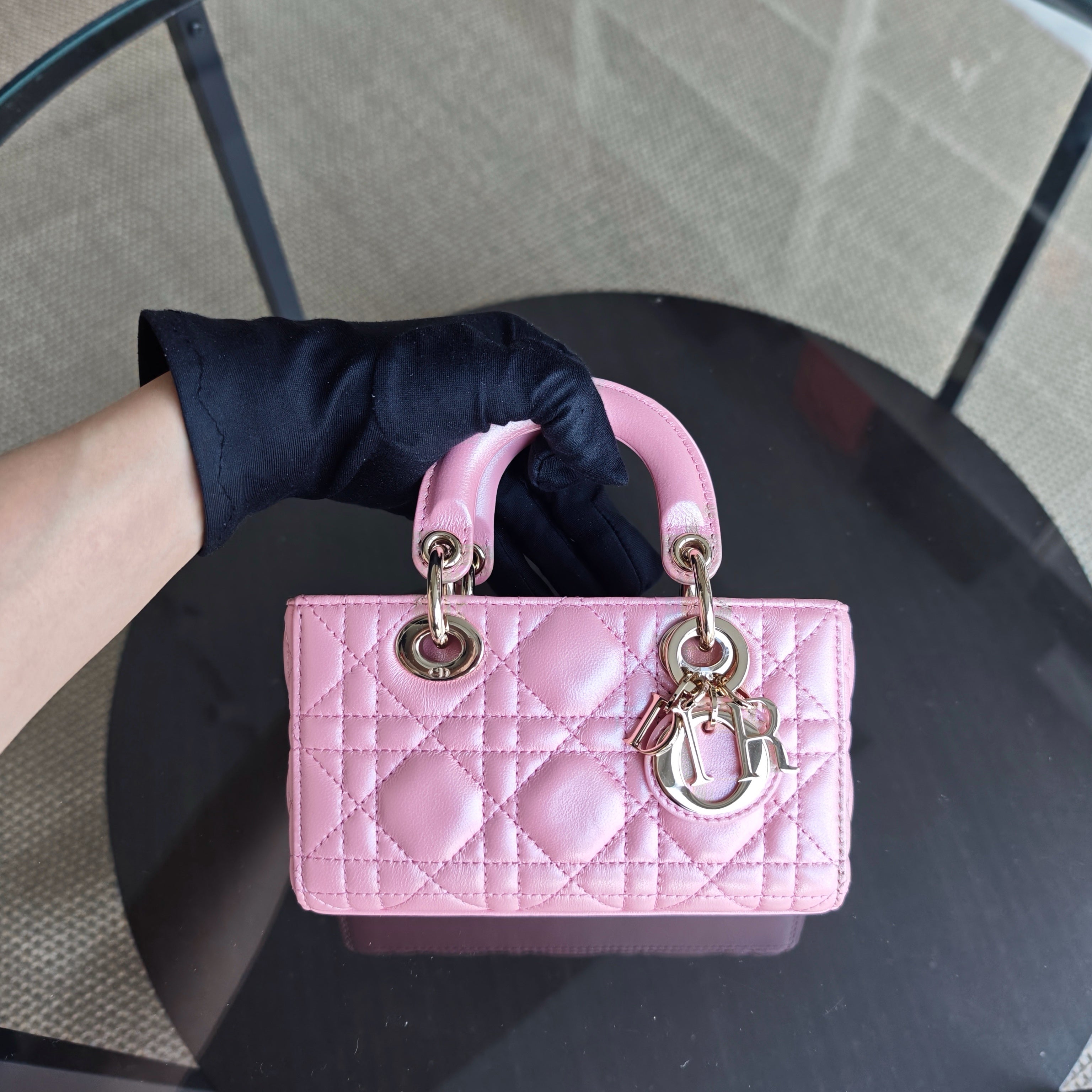 Dior D-Joy Micro - Cannage Lambskin Iridescent Pink Gold Hardware 17CM