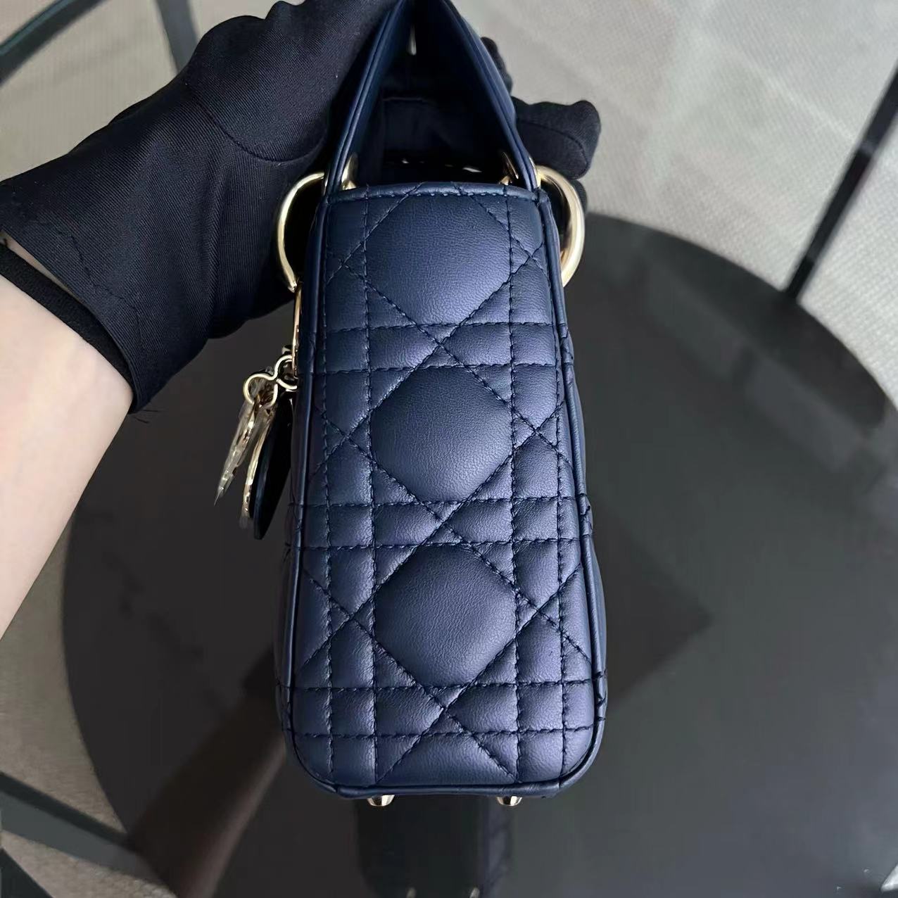 DEPOSIT of Lady Mini Lambskin Cannage Dark Blue Golden Hardware Chain Strap