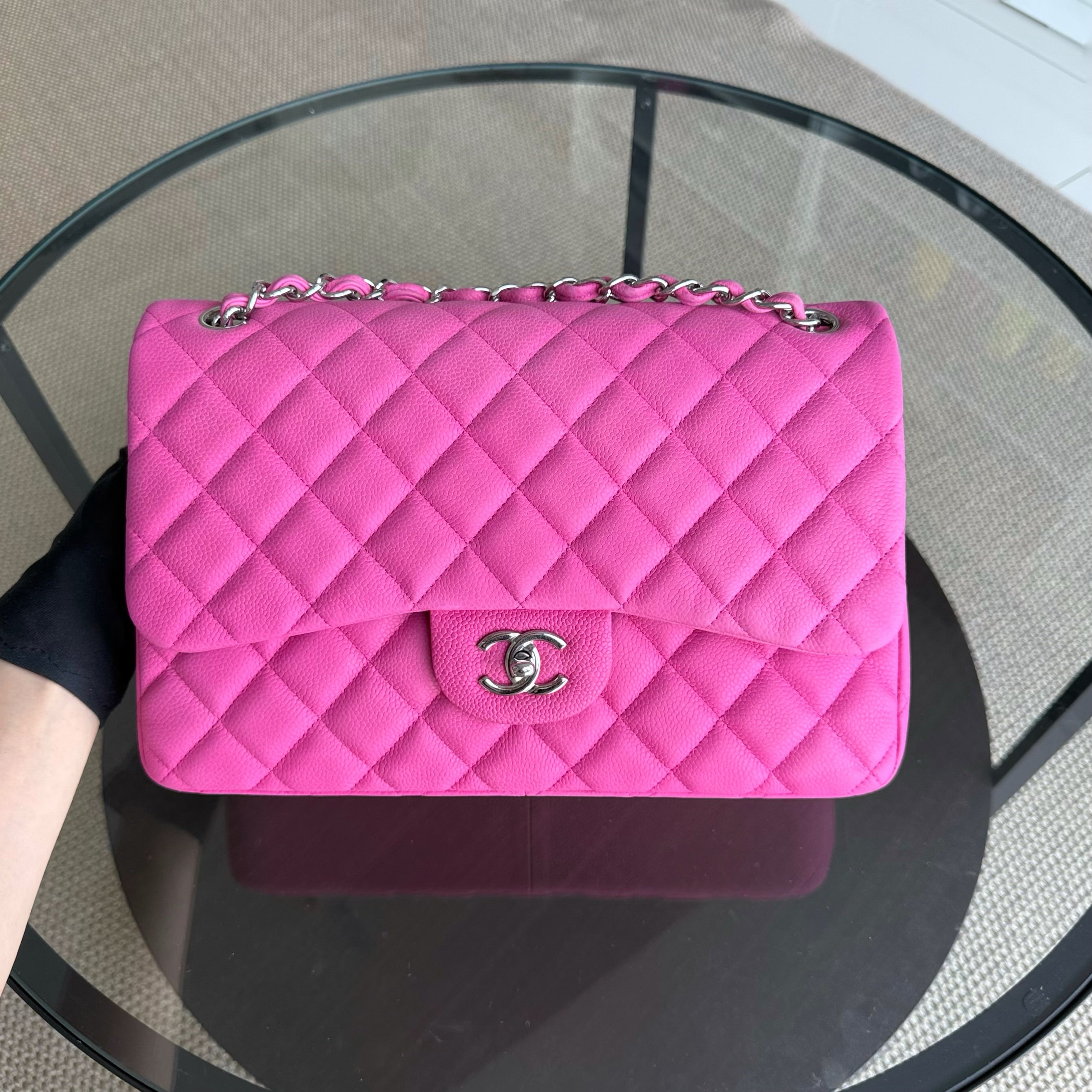 Chanel Classic Flap Jumbo - Caviar 30CM Double Flap Quilted Pink Grained Calfskin Silver Hardware Series 18