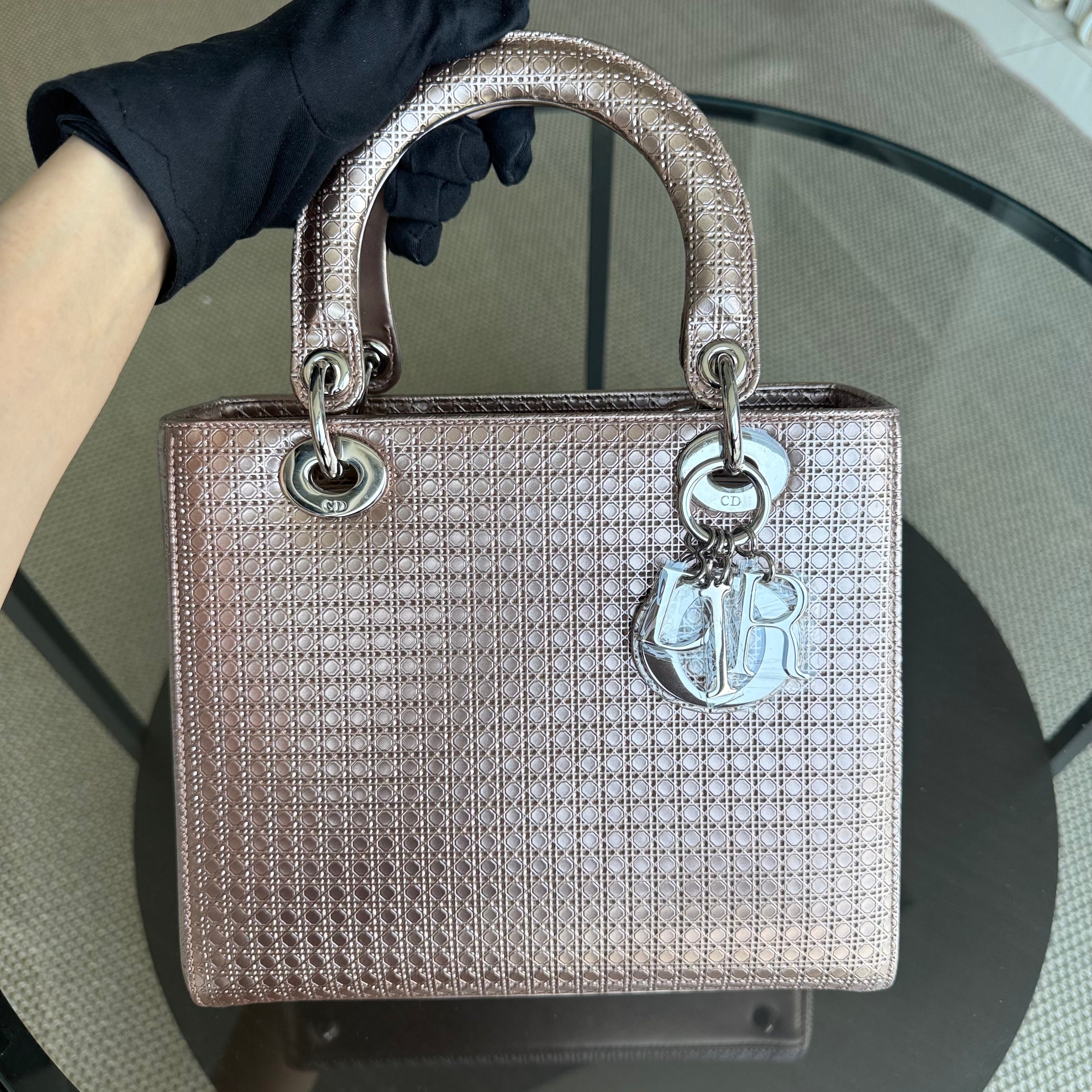 Dior Lady Medium - Cannage Calfskin Metallic Rose Gold Gold Hardware