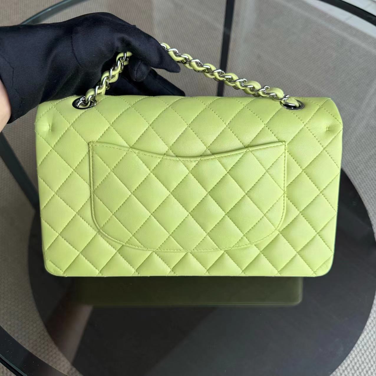 *Full Set, Receipt* Chanel Classic Flap Medium Quilted Lambskin Light Yellow Silver Hardware