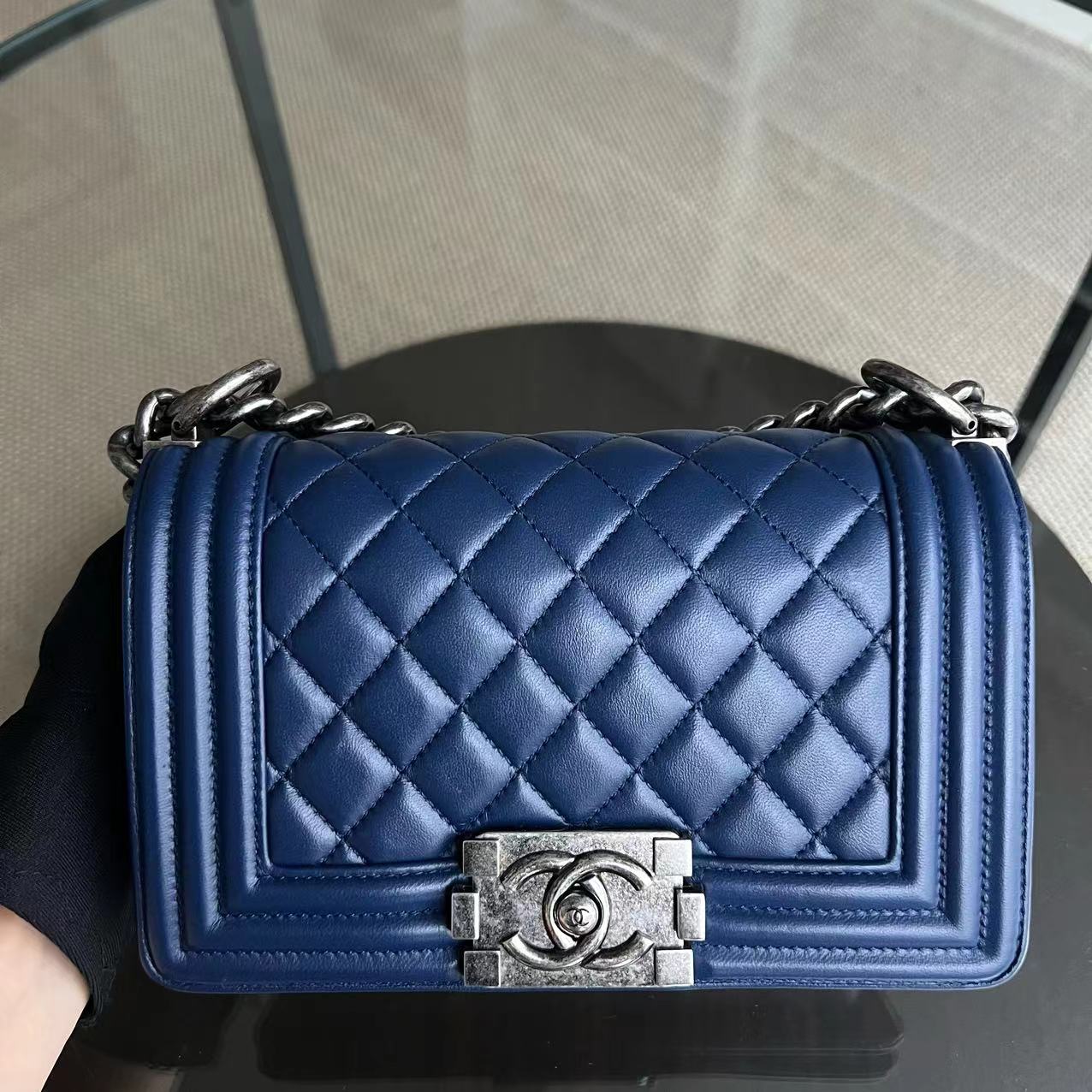 Chanel Boy Small Size Quilted Lambskin Dark Blue Ruthenium Silver Hardware Series 21