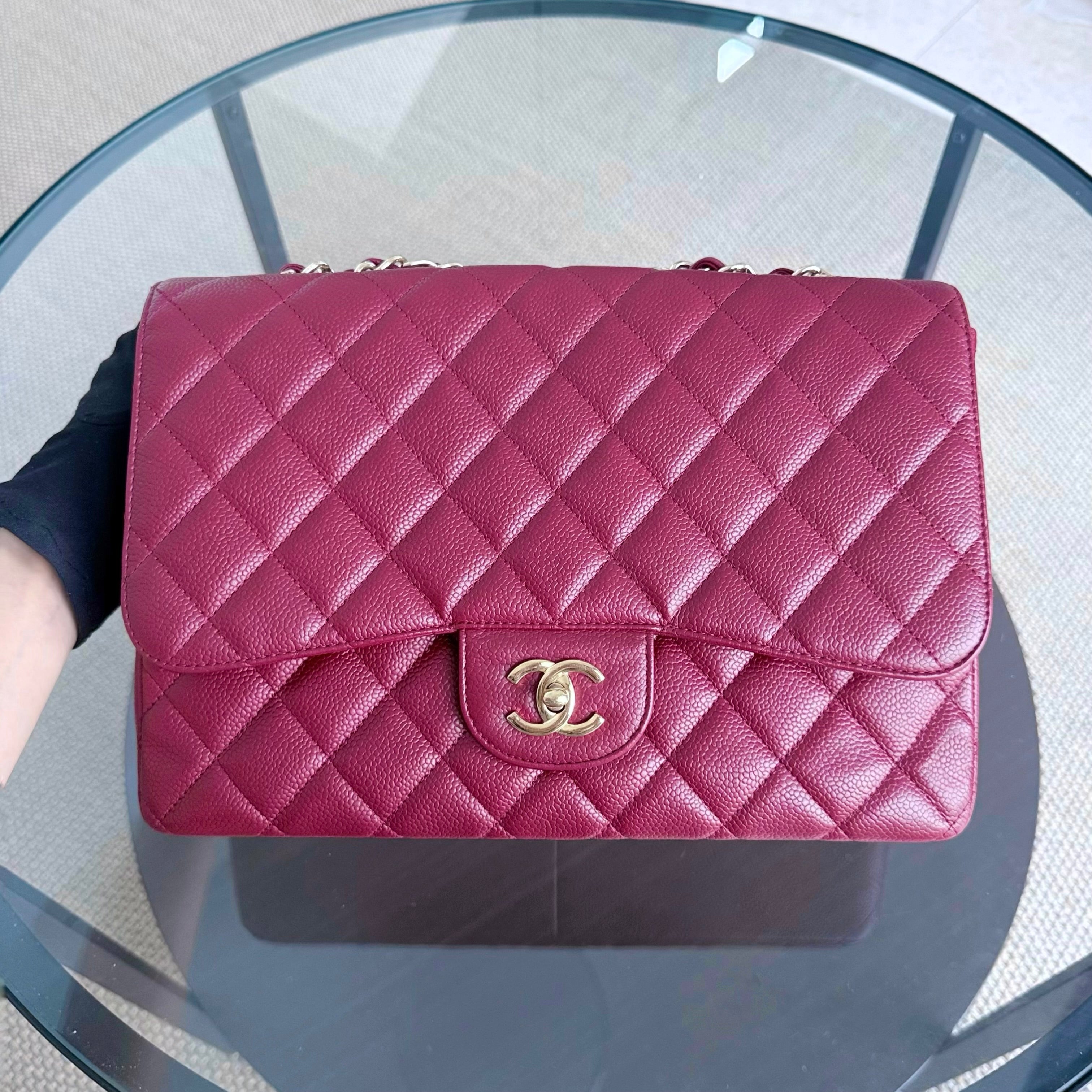 Chanel Classic Flap Jumbo - Caviar 30CM Single Flap Quilted Burgundy Dark Red Gold Hardware Series 13