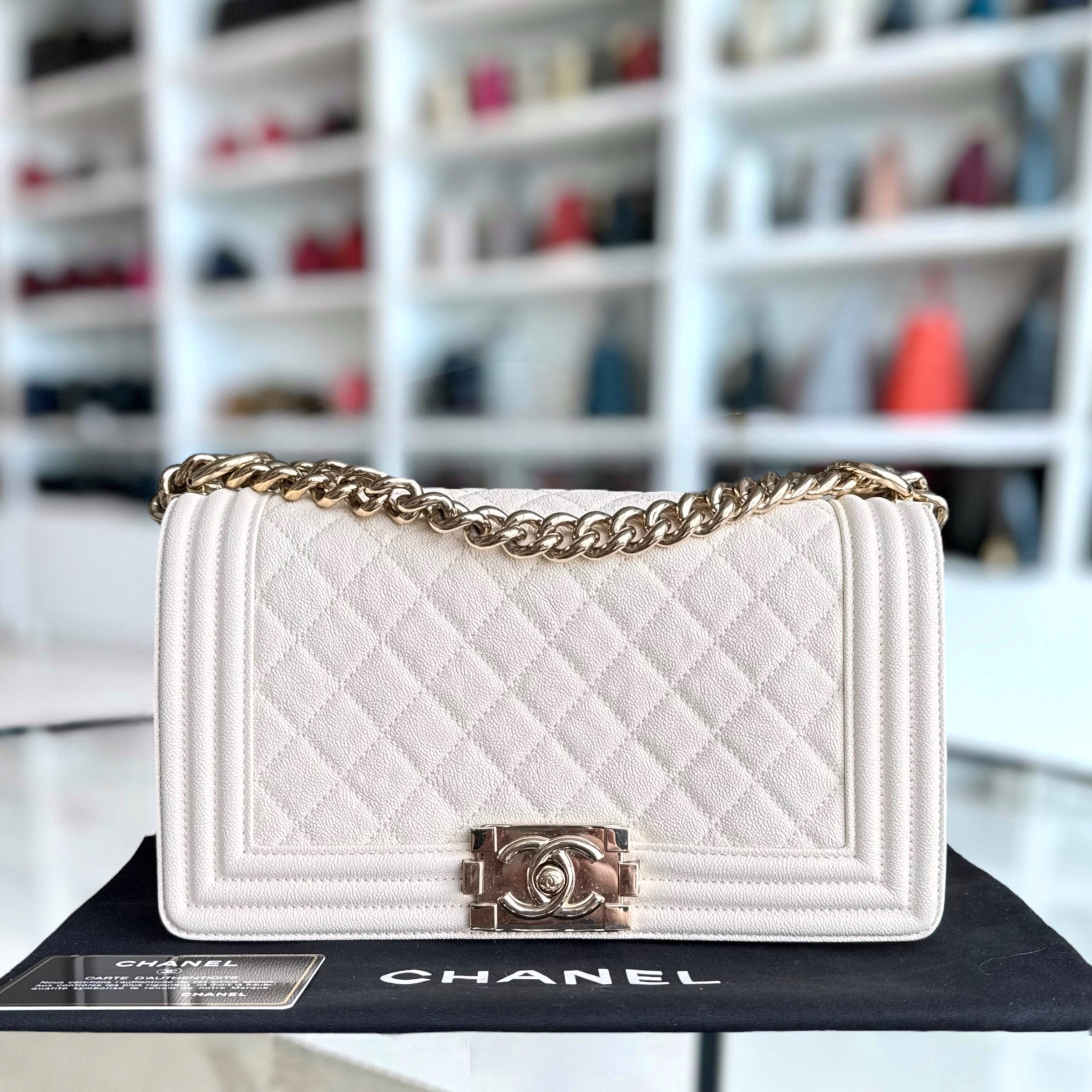 Chanel Boy Medium - Caivar 25CM Quilted Cream White Shiny Gold Hardware Series 28