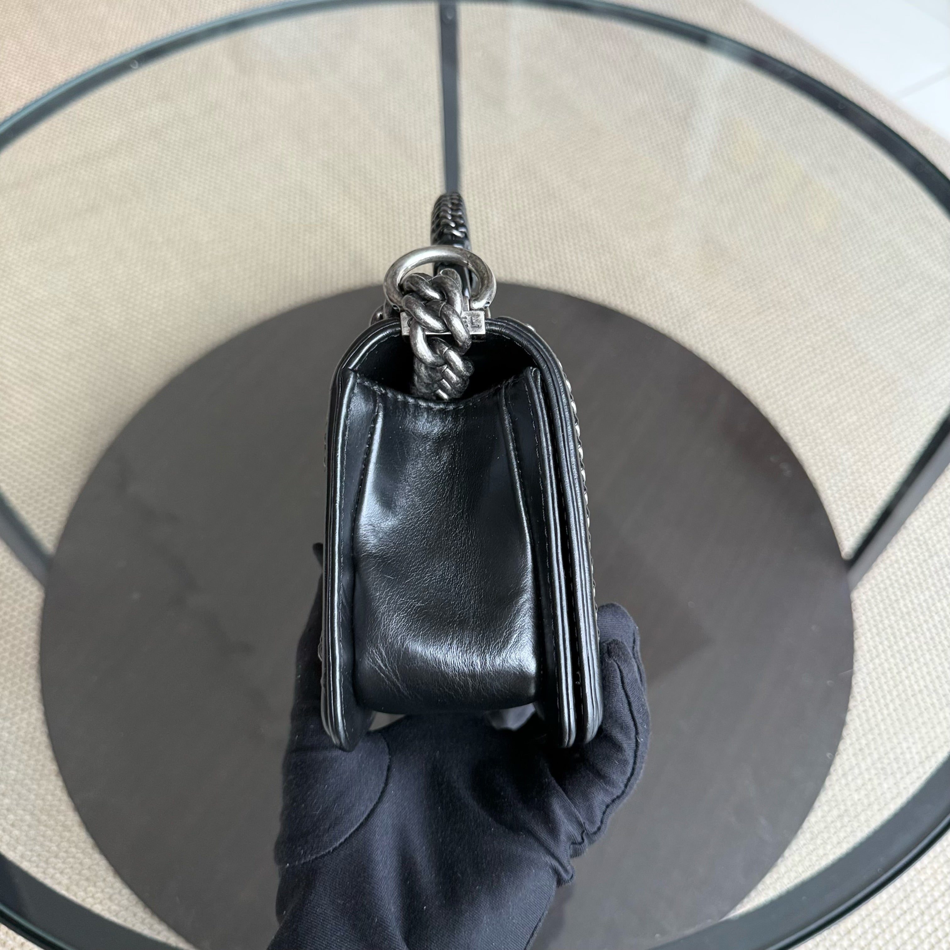 Chanel Boy Small Handle - 20CM Calfskin Chain Around Top Handle Limited Edition Black Ruthenium Silver Hardware Series 21