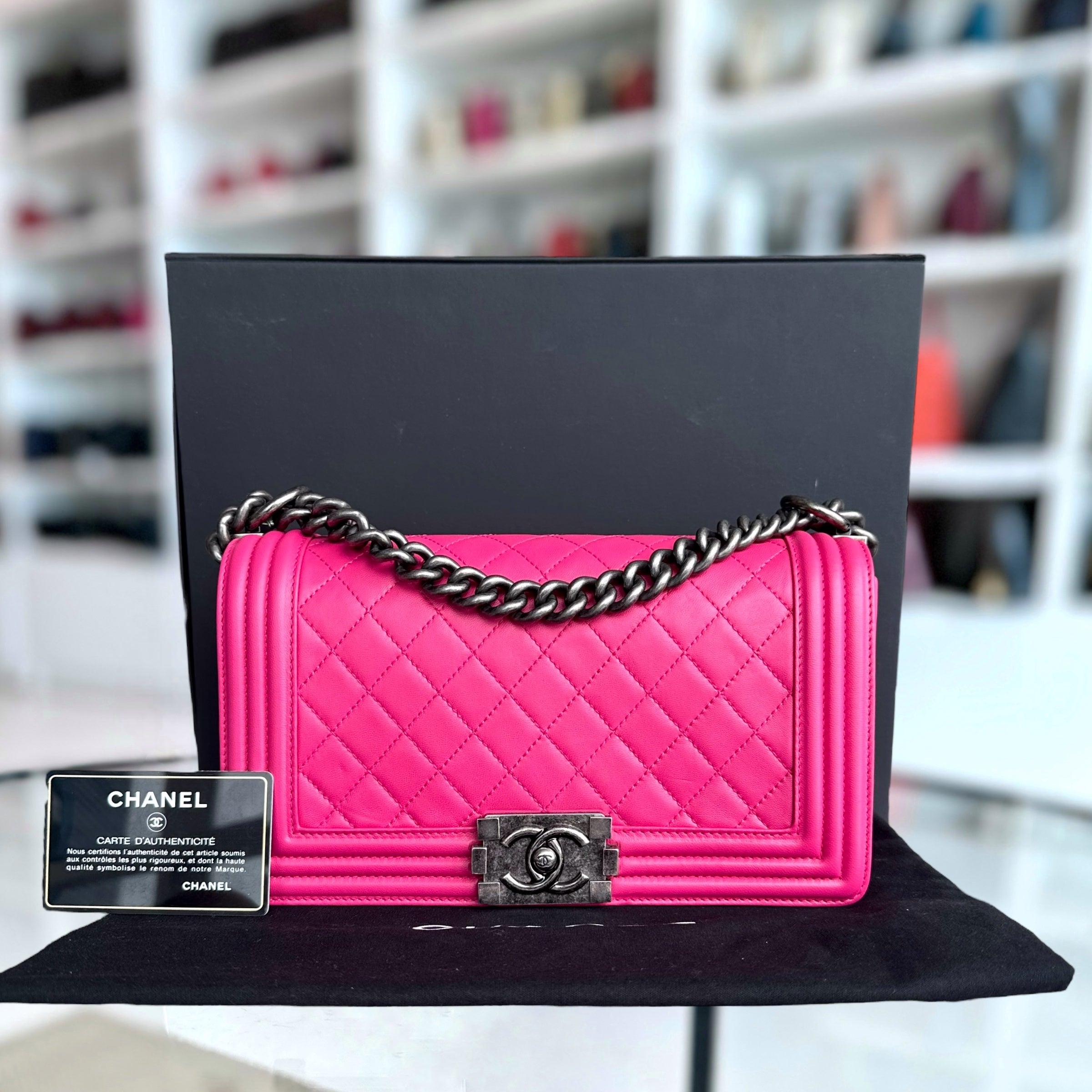 Chanel Boy Old
Medium 25CM Quilted
Lambskin Hot Pink Leboy Silver Hardware Series 19