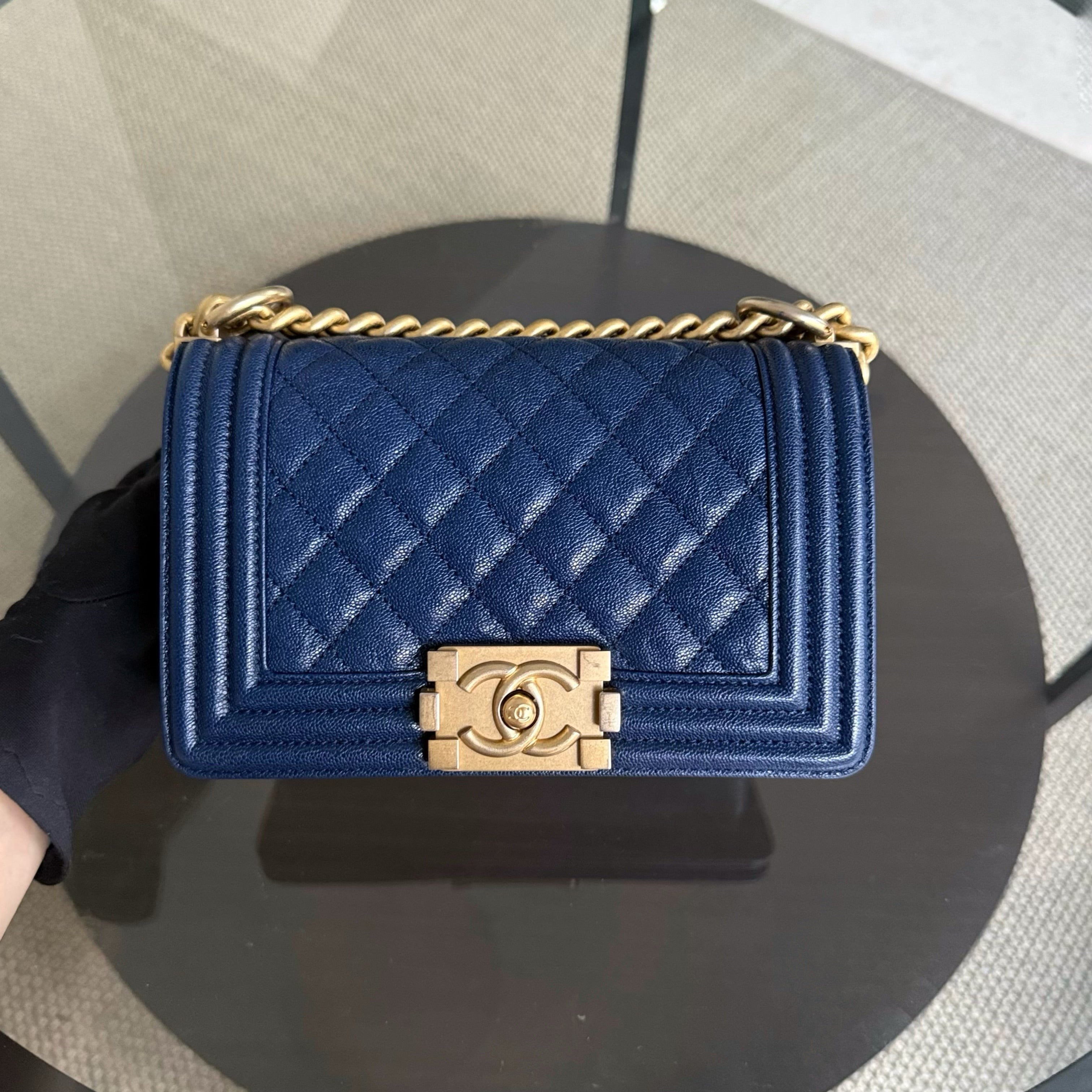 Chanel Boy Small - Caviar 20CM Quilted Dark Blue Gold Hardware Series 26