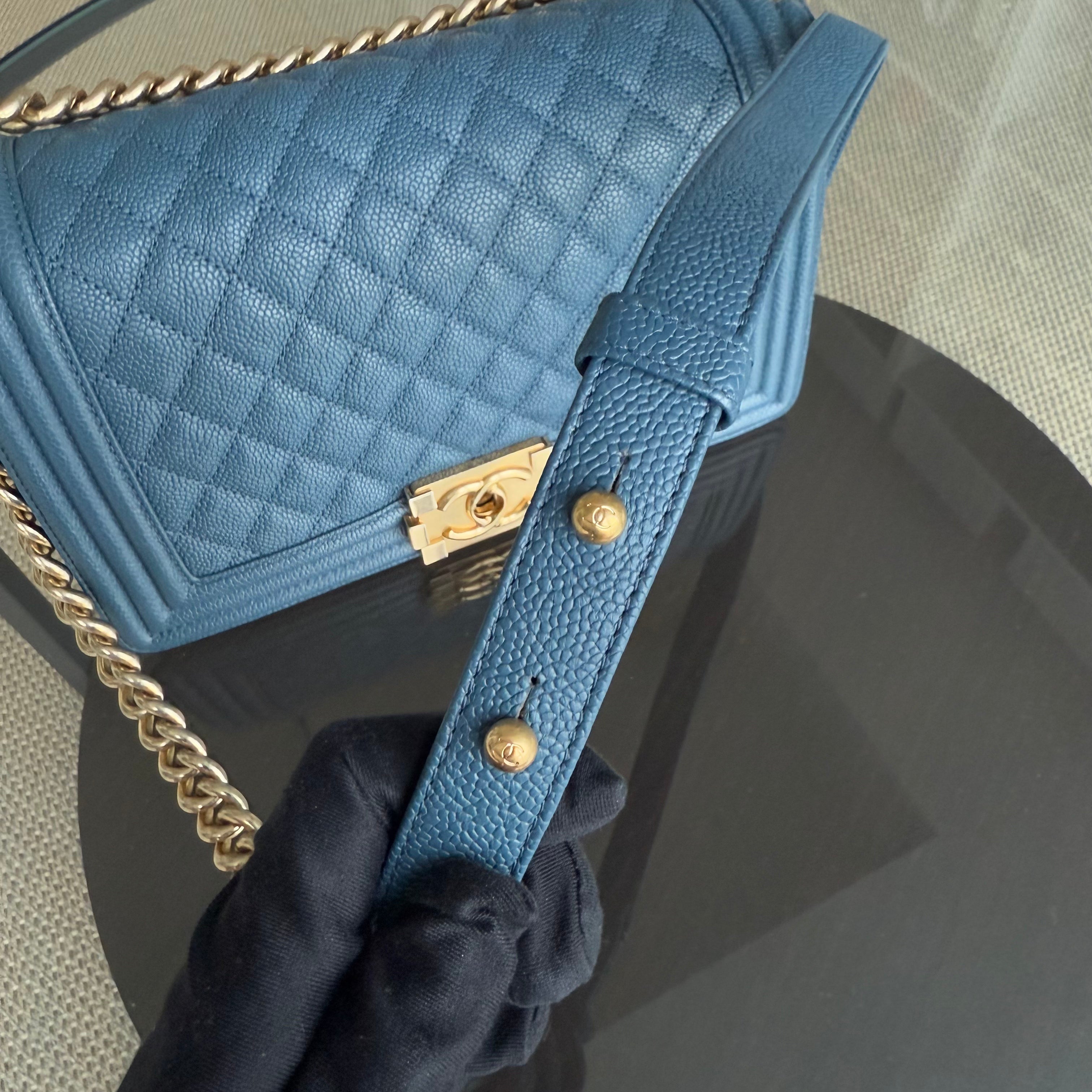 Chanel Boy Medium - Caviar 25CM Quilted Blue Gold Hardware Series 23