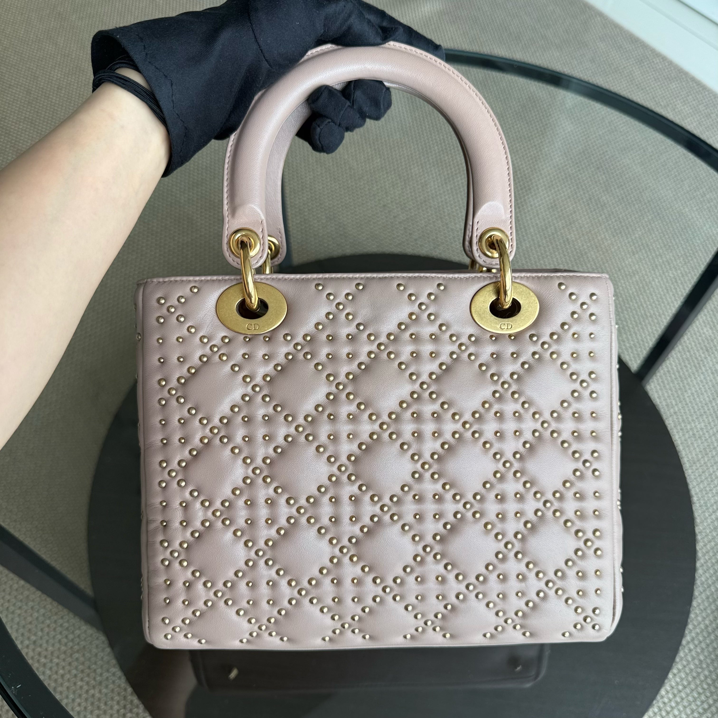 Dior Lady Medium - Studded Cannage Lambskin Blush Gold Hardware