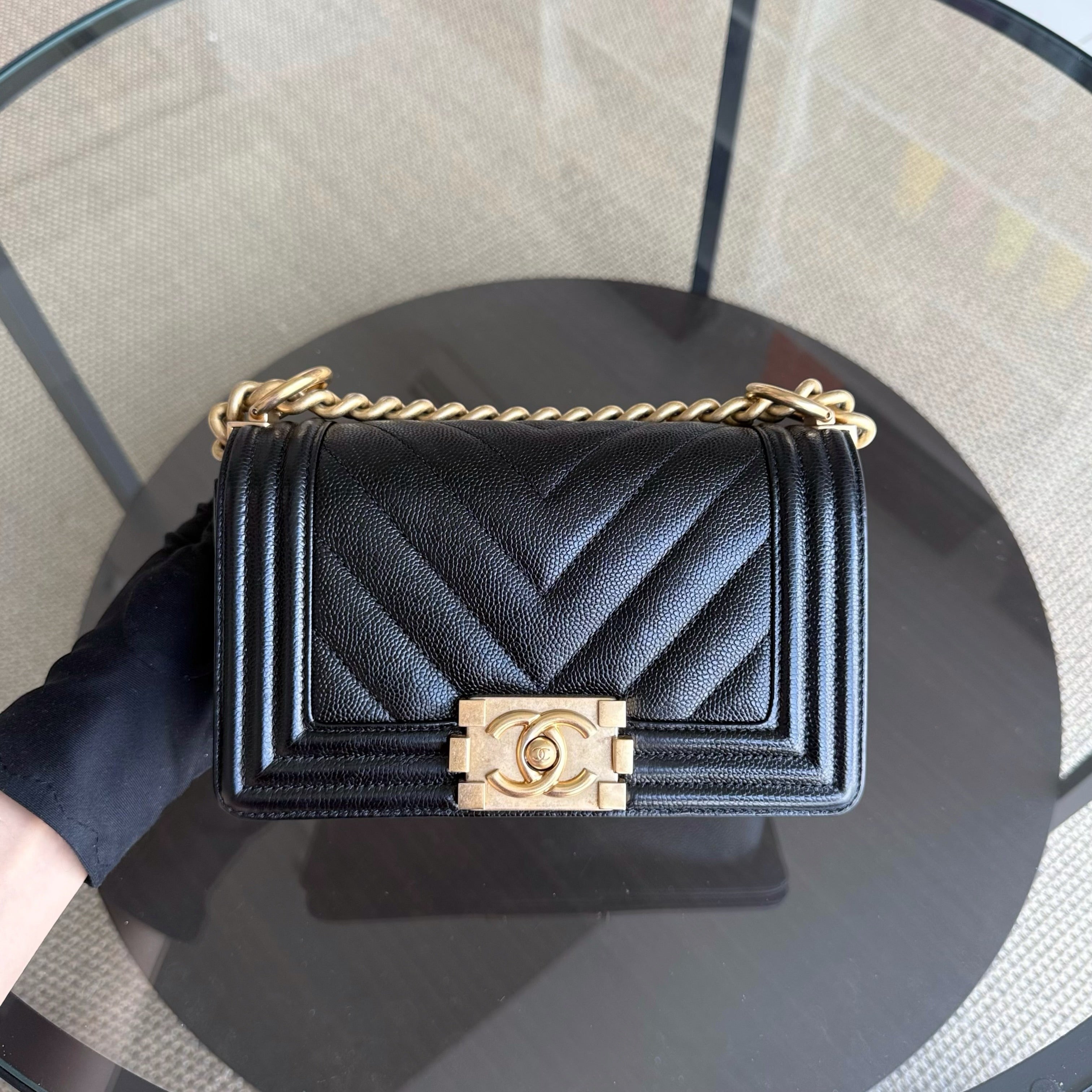 Chanel Boy Small - Caviar 20CM Chevron Black Gold Hardware Series 24