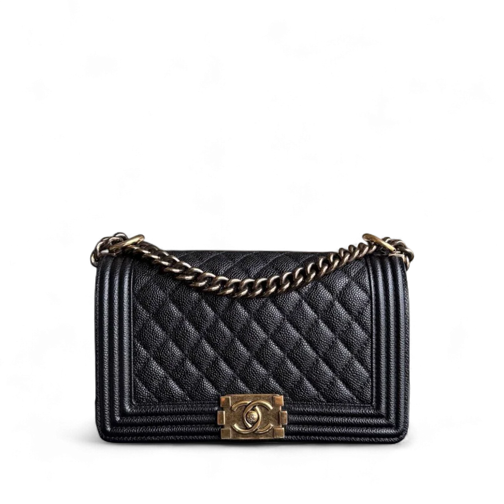 Chanel Boy Medium - Caviar 25CM Quilted Grained Calfskin Black Gold Hardware Series 19