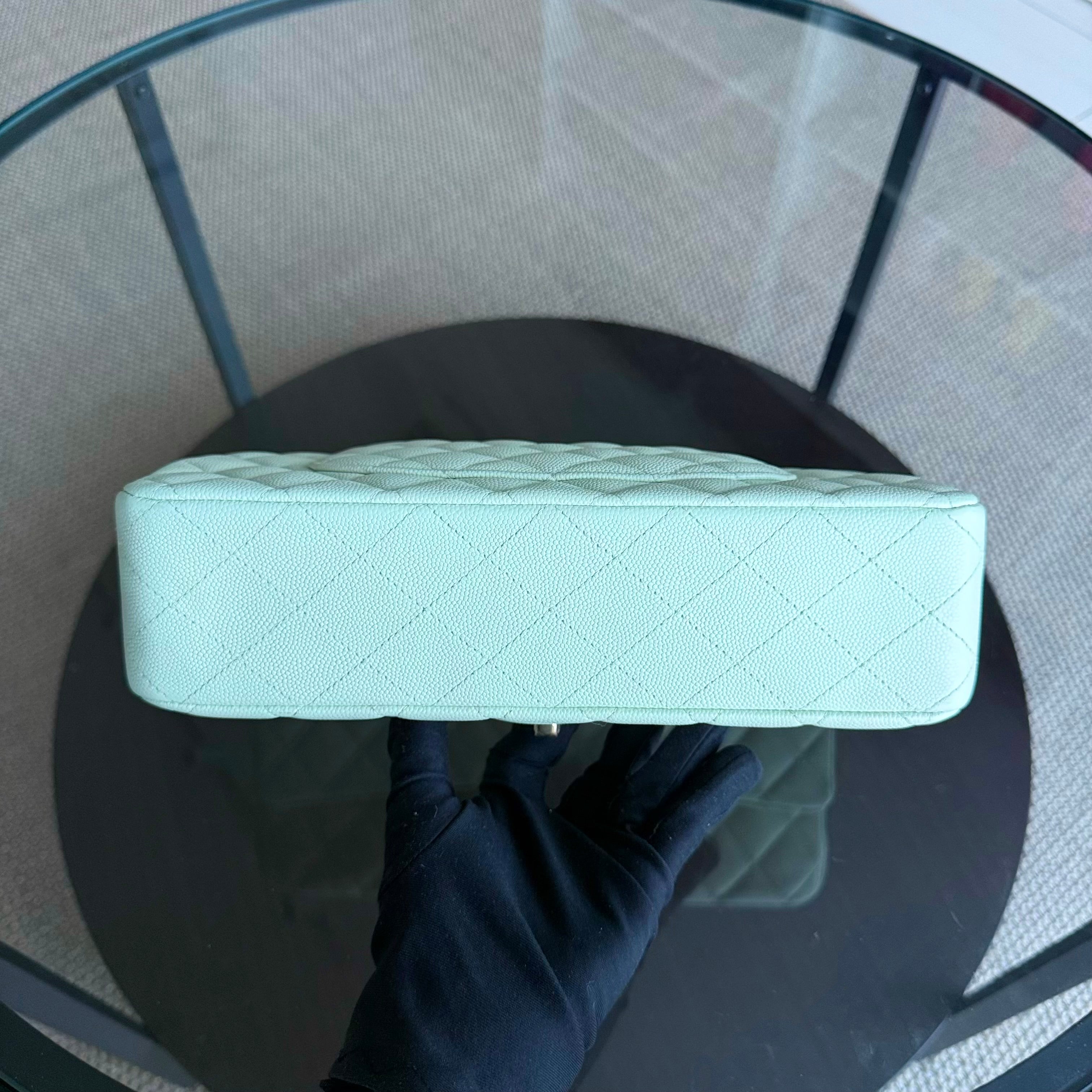 Chanel Classic Flap Medium - Caviar 25CM Quilted Grained Calfskin Light Mint Green Gold Hardware Microchip