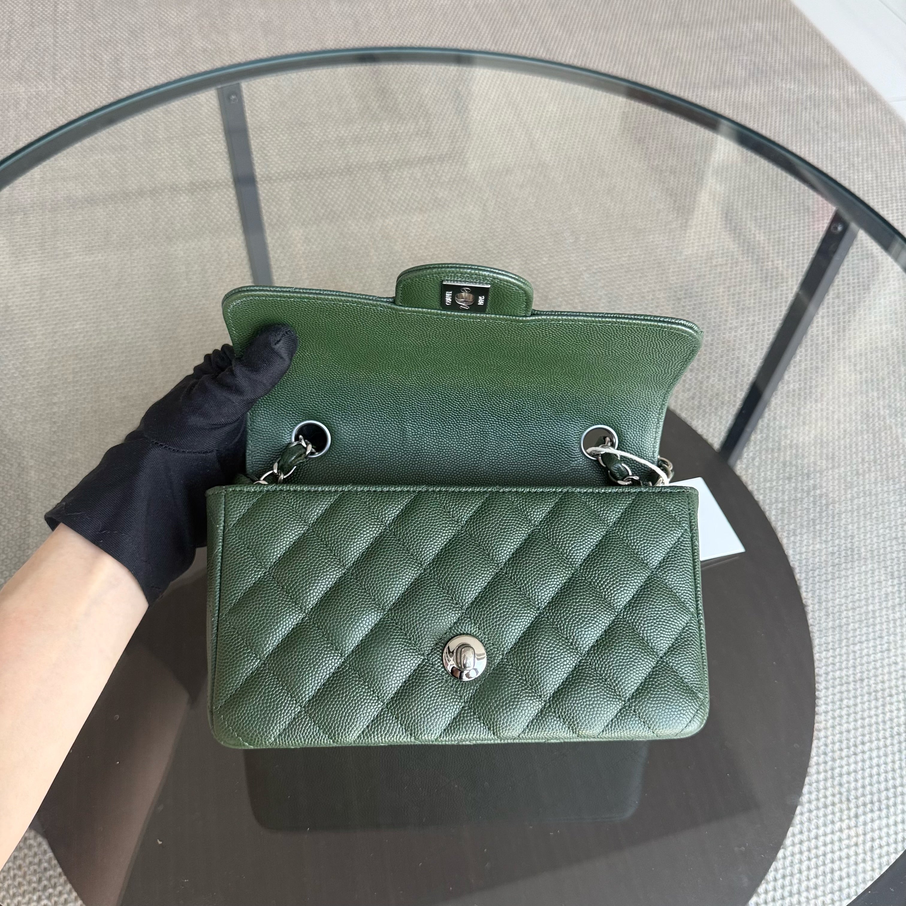 Chanel Caviar Mini Rectangle Classic Flap - 20CM Quilted Dark Green Silver Hardware Series 25