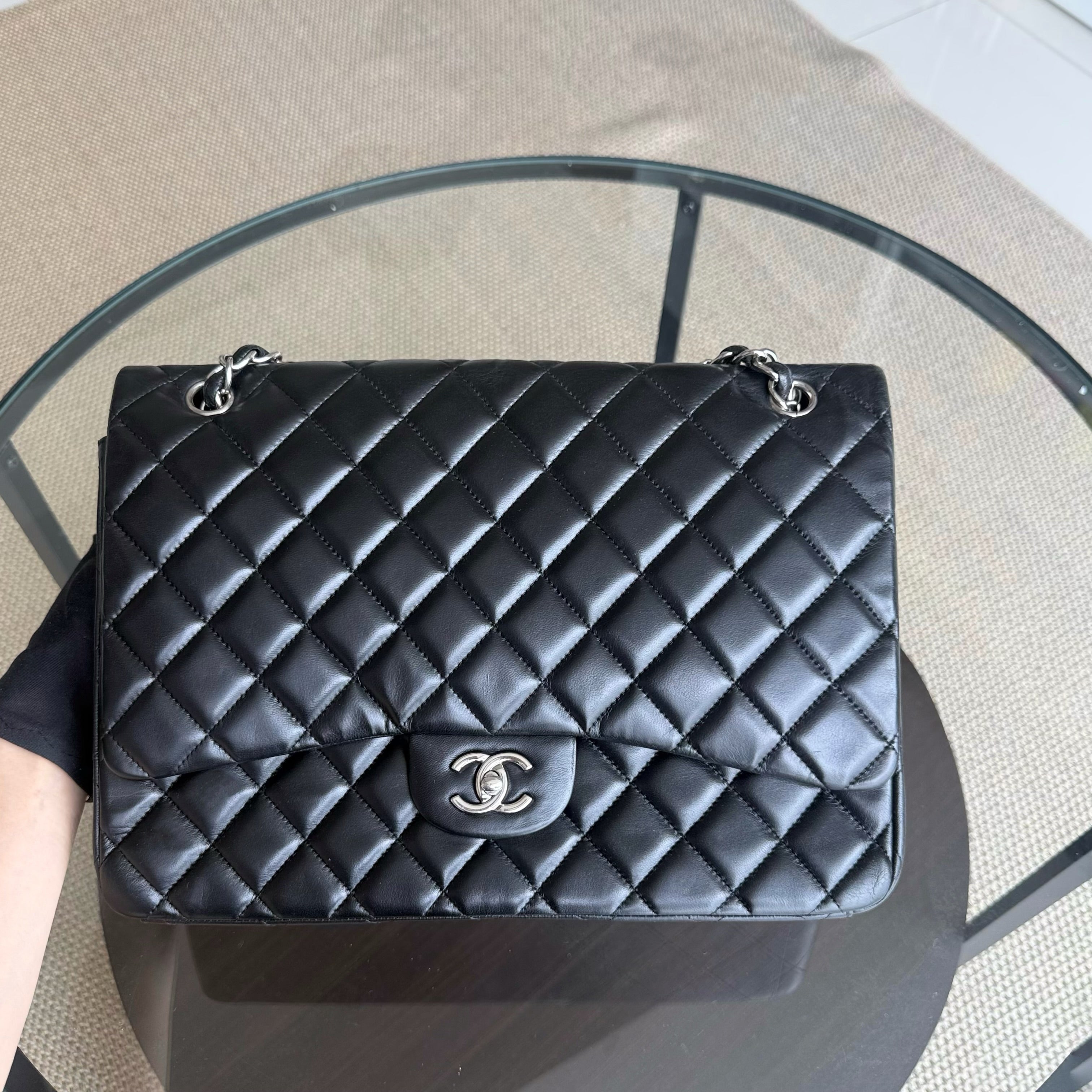 Chanel Classic Flap Maxi - 34CM Quilted Single Flap Lambskin Black Silver Hardware Series 13