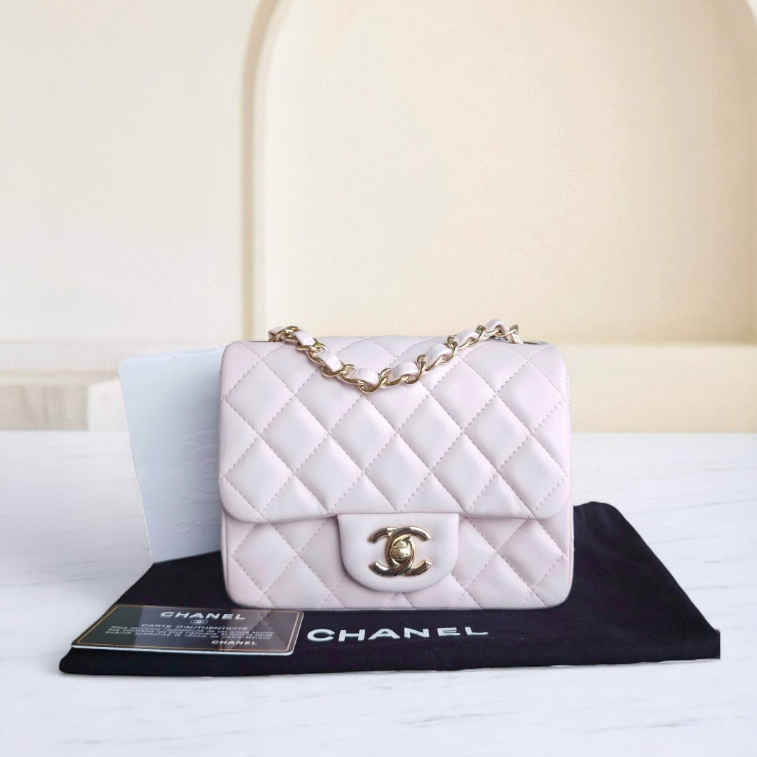 Chanel Classic Flap Mini Square - 17CM Quilted Lambskin Light Pink Gold Hardware Series 23