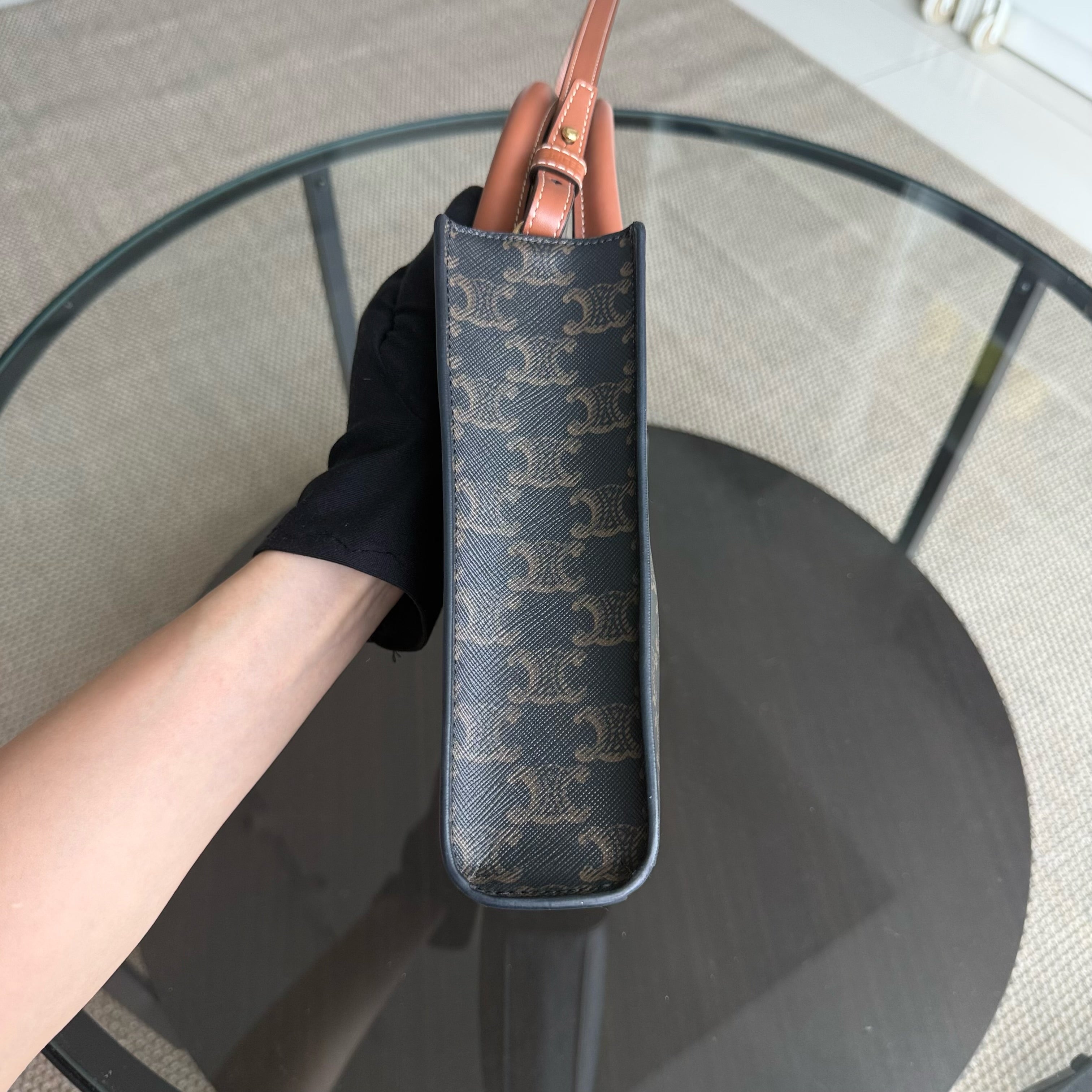 Celine Vertical Top Handle Bag Brown Coated Canvas Gold hardware