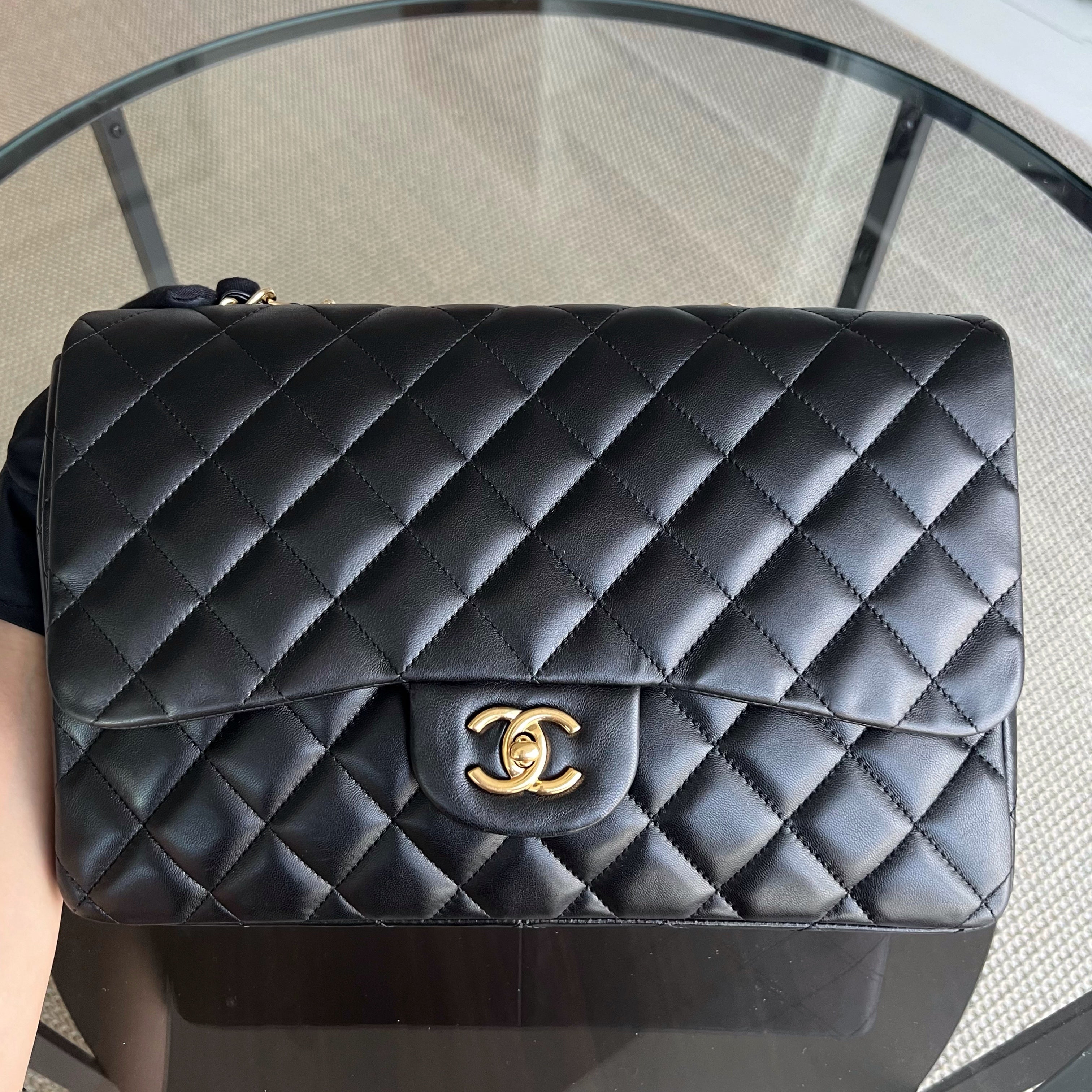 Chanel Jumbo Classic Flap Single Flap Quilted Lambskin Black Gold Hardware