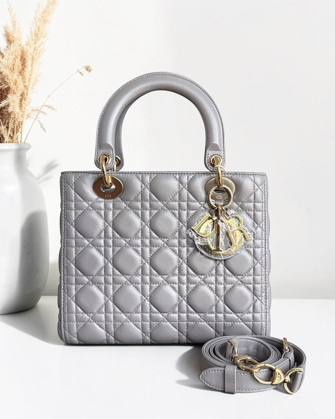 Dior Lady Medium - Cannage Lambskin Gray Grey Gold Hardware Adjustable Strap