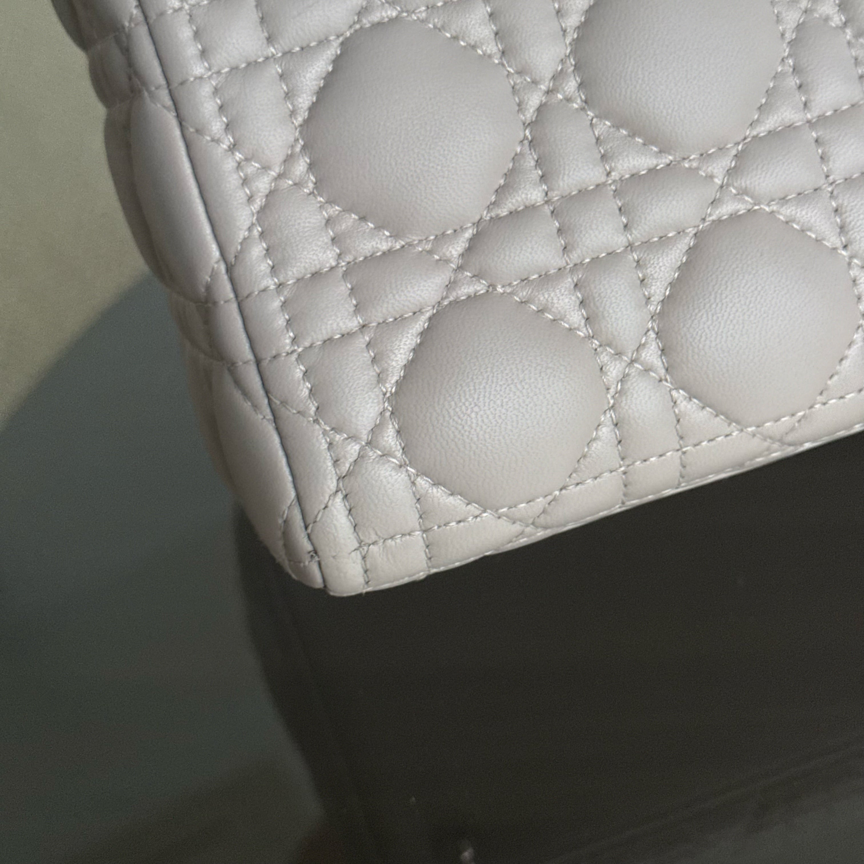 Dior Lady Large - Cannage Lambskin Light Gray Grey Silver Hardware