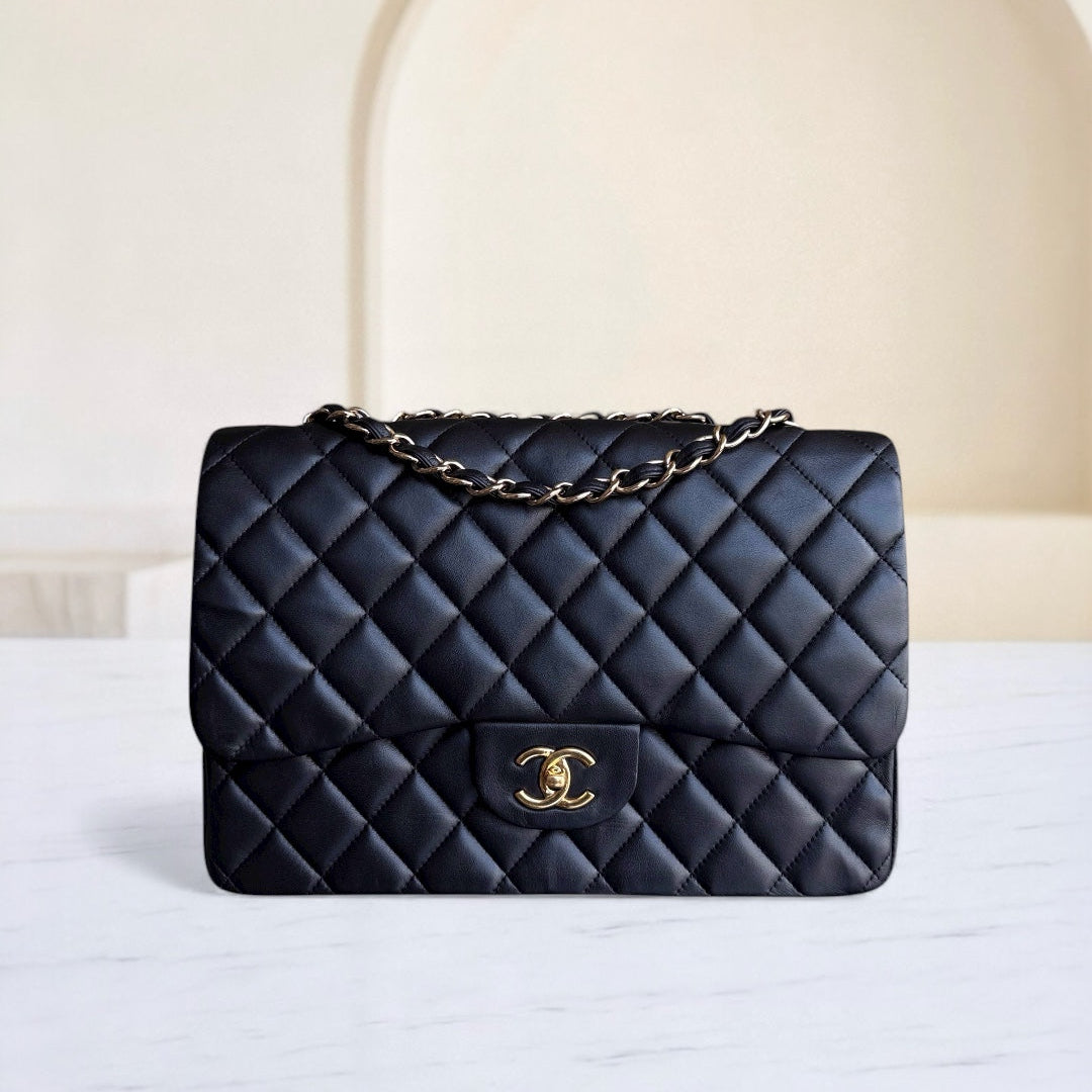 Chanel Classic Flap Jumbo - 30CM Single Flap Quilted Lambskin Black Gold Hardware Series 13