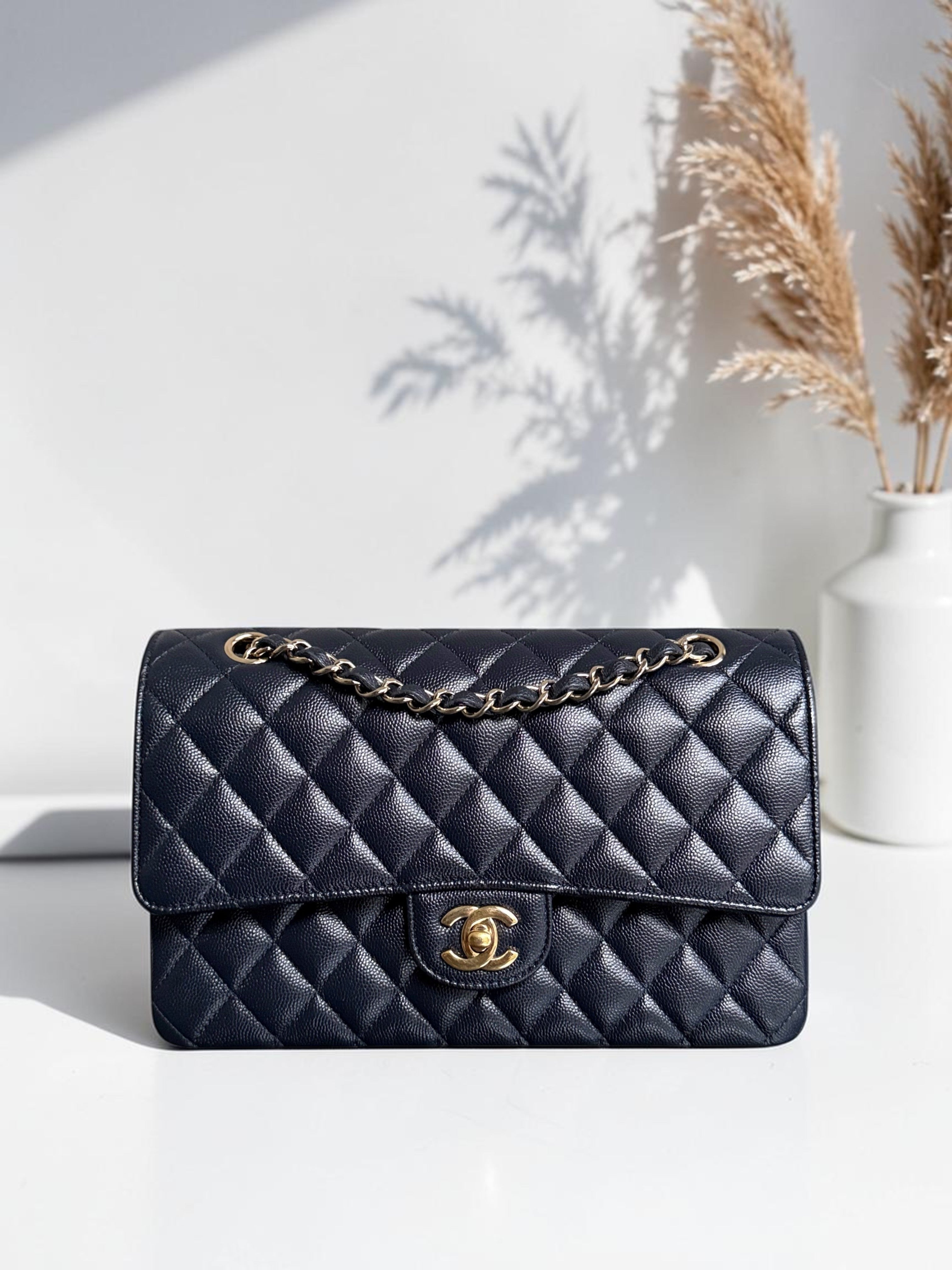 Chanel Classic Flap Medium - Caviar 25CM Quilted Dark Midnight Blue Gold Hardware Series 28