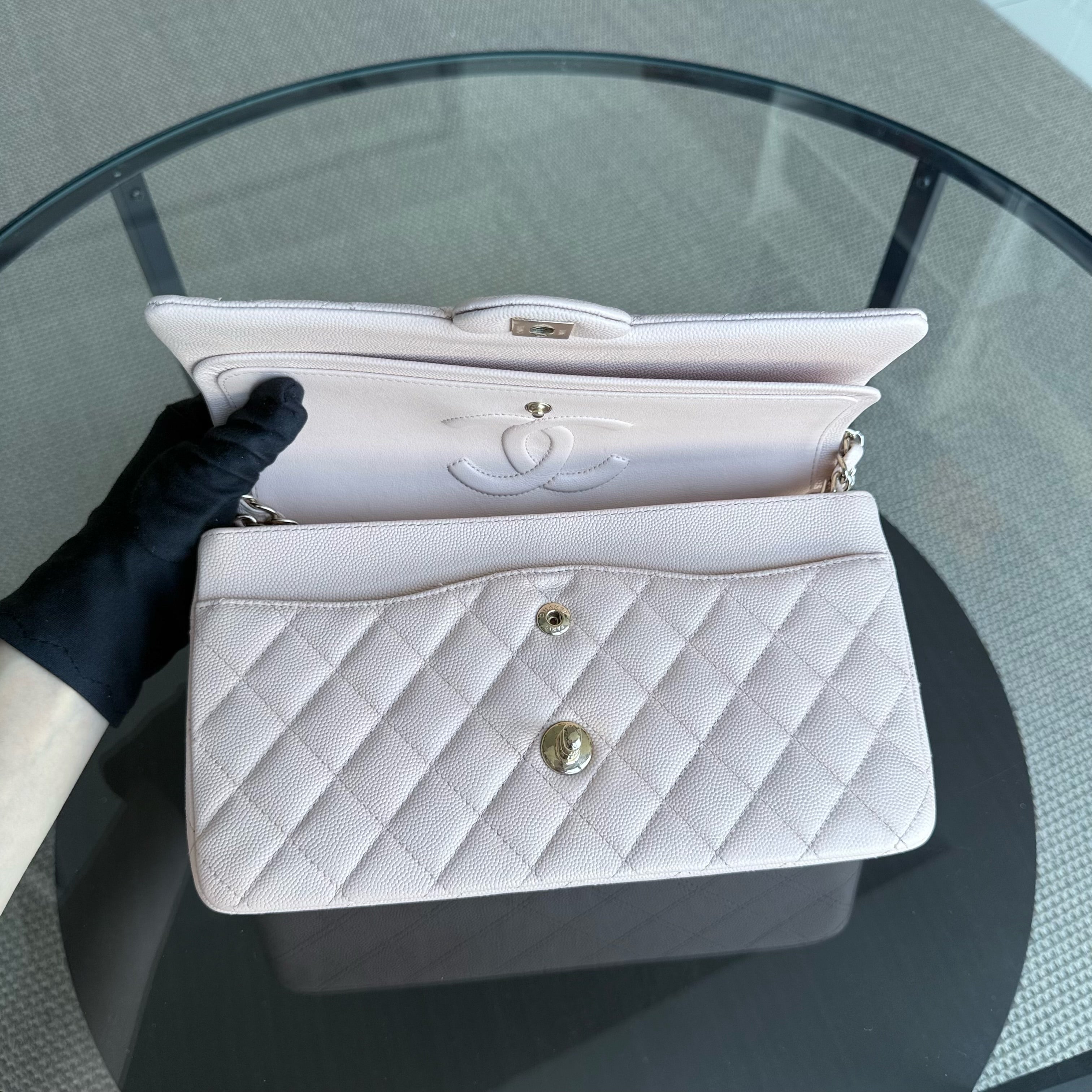 Chanel Classic Flap Medium - Caviar 25CM Quilted Grained Calfskin Light Pink Beige Gold Hardware Microchip