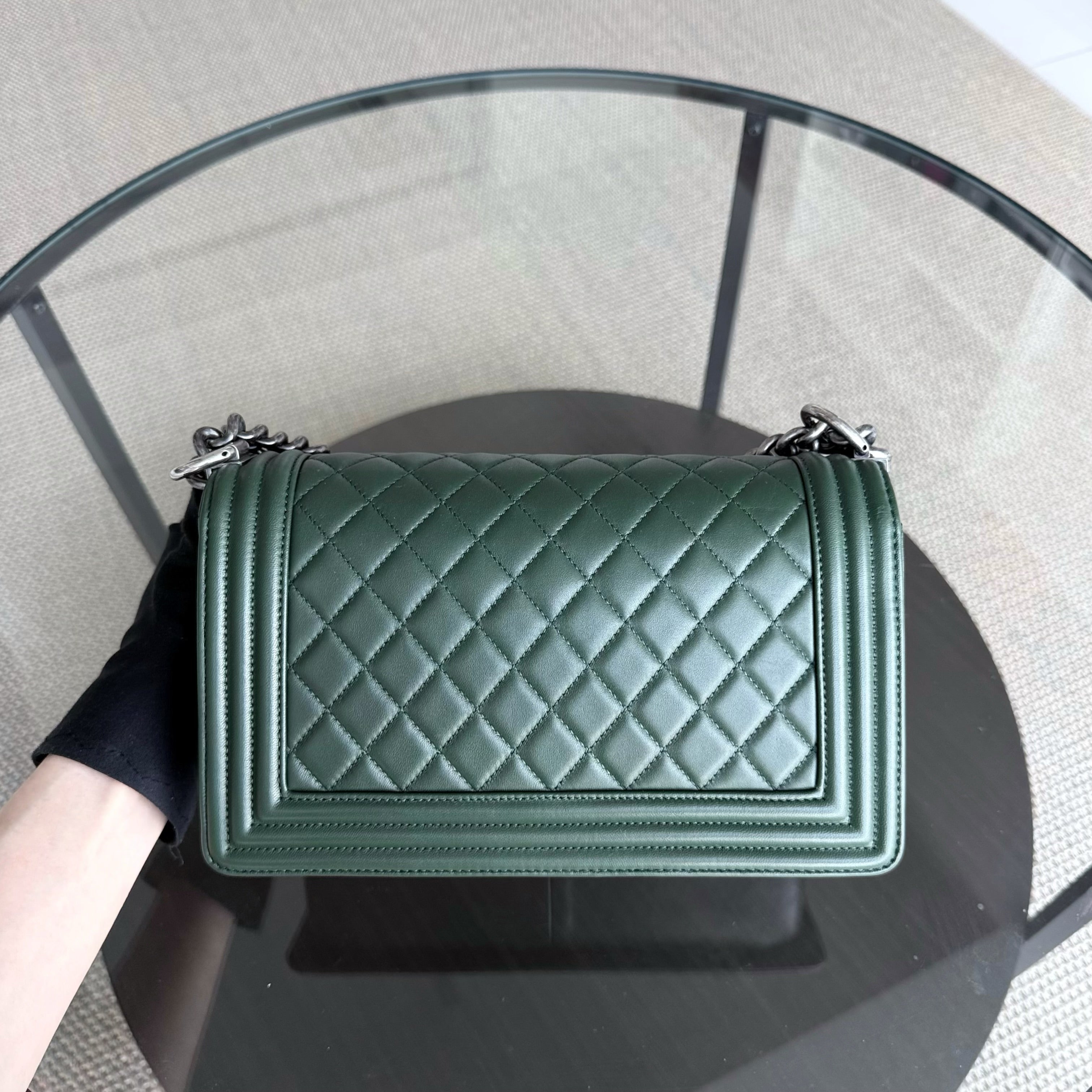 Chanel Boy Medium - Quilted Lambskin Dark Green Ruthenium Silver Hardware Series 20
