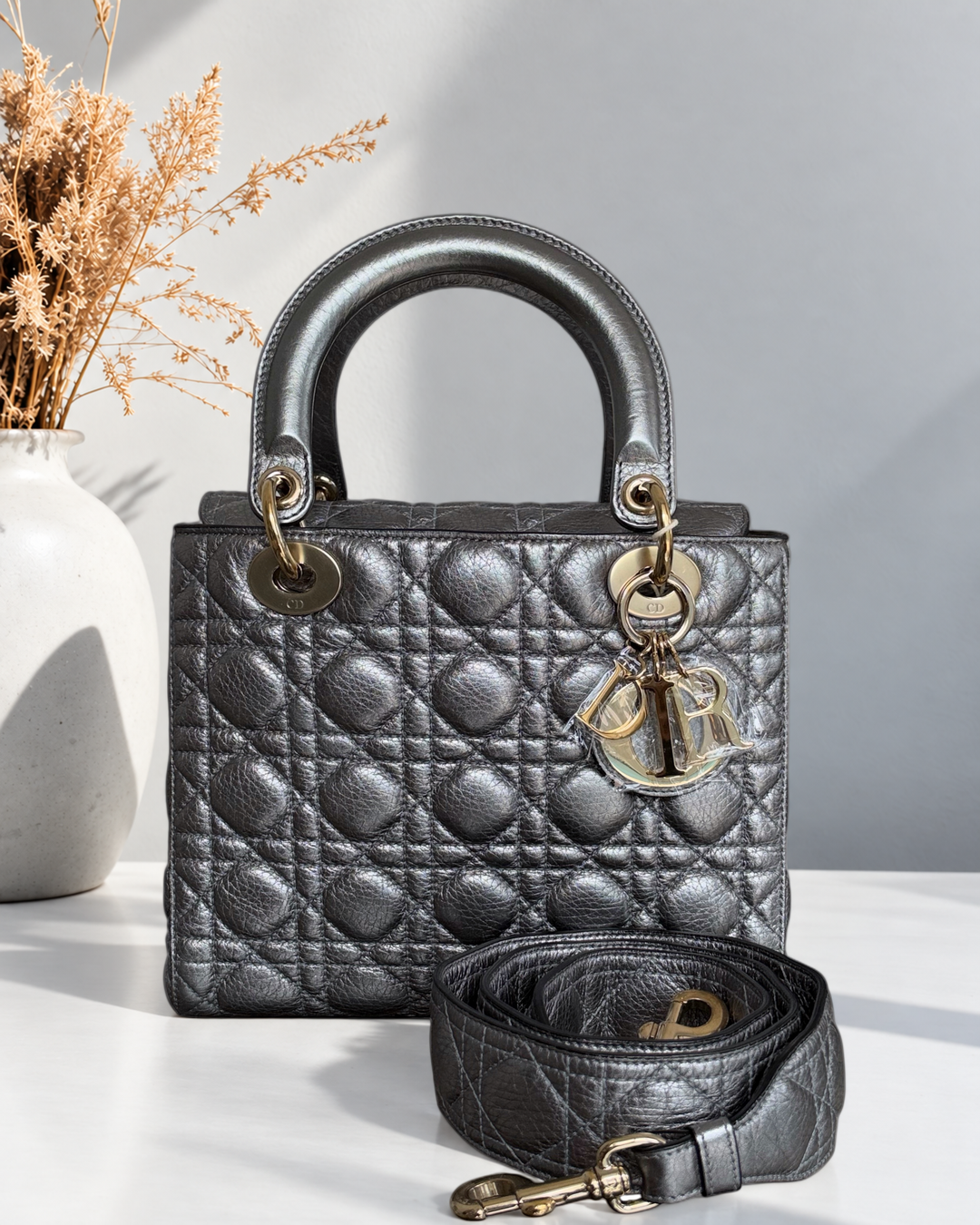 Dior Lady Medium Flap - Cannage Dark Gray Gold Hardware