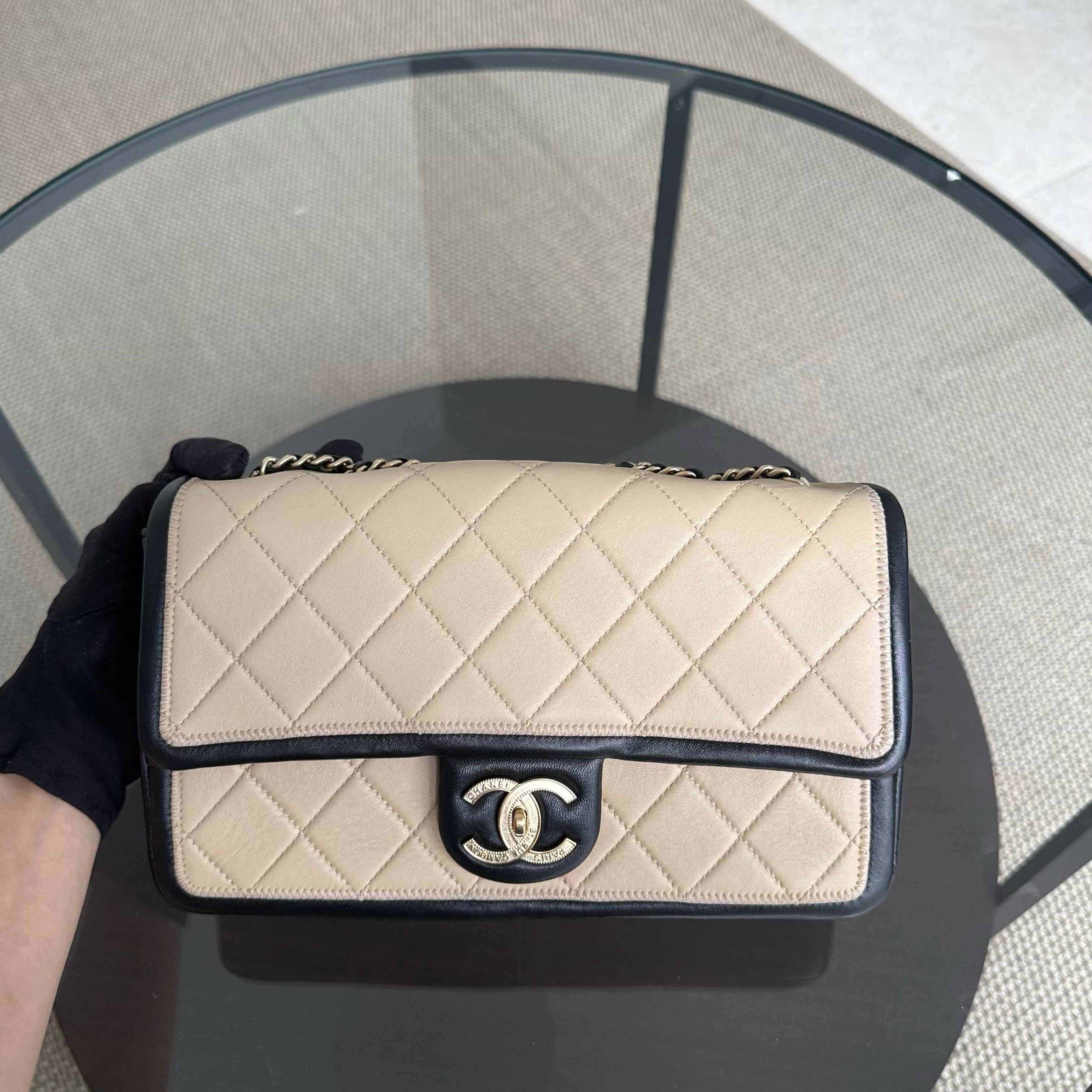Chanel Seasonal Flap - 25CM Quilted Lambskin Bi-Color Beige Black Gold Hardware