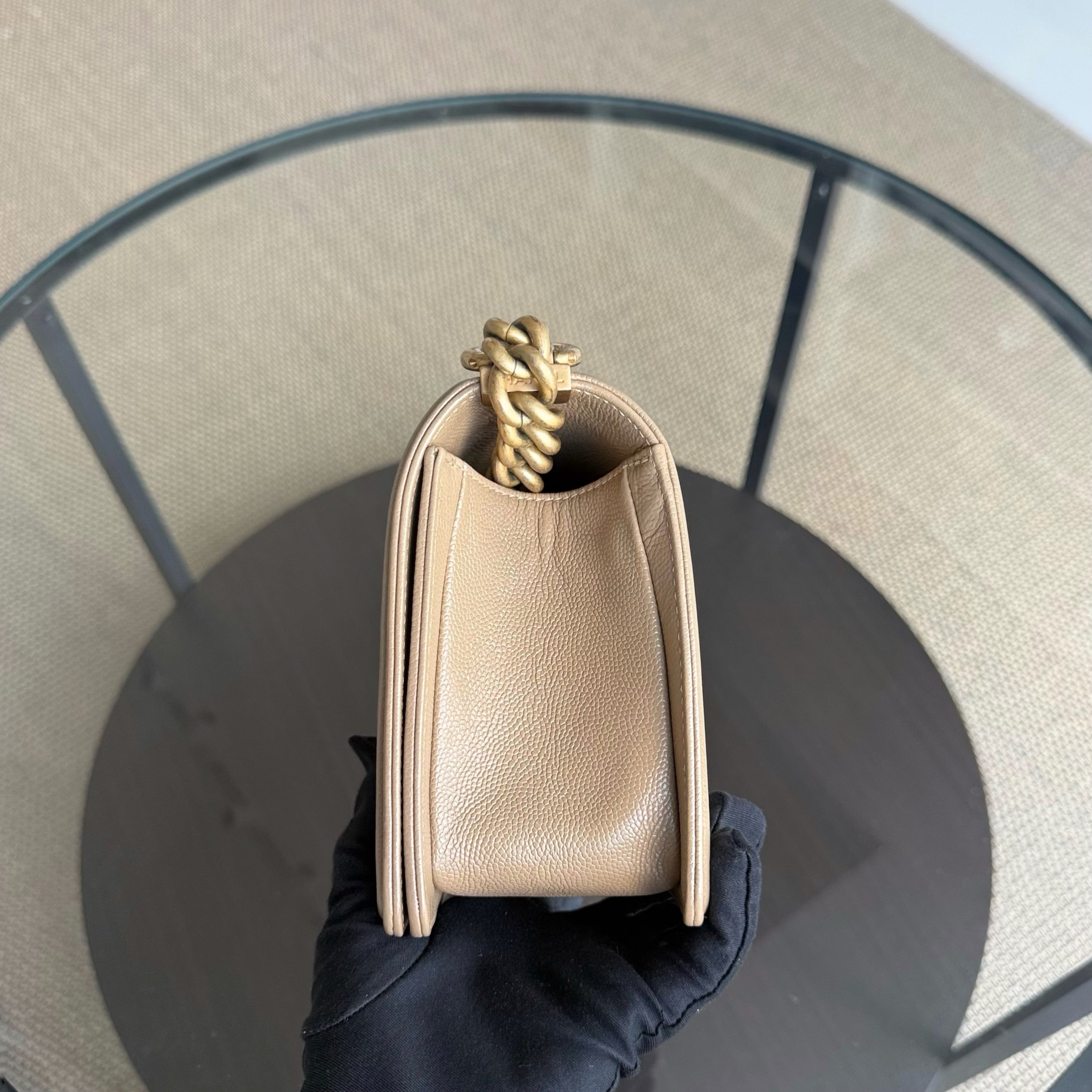 Chanel Boy Medium - Caviar 25CM Chevron Grained Calfskin Beige Gold Hardware Series 25