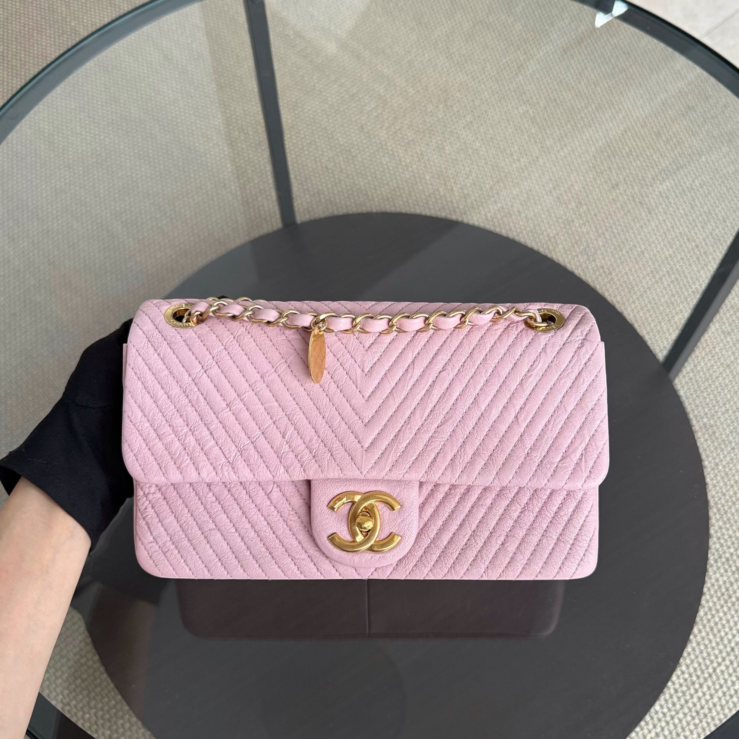 Chanel Herringbone Medallion - Chevron Seasonal Flap Light Pink Aged Gold Hardware Series 21