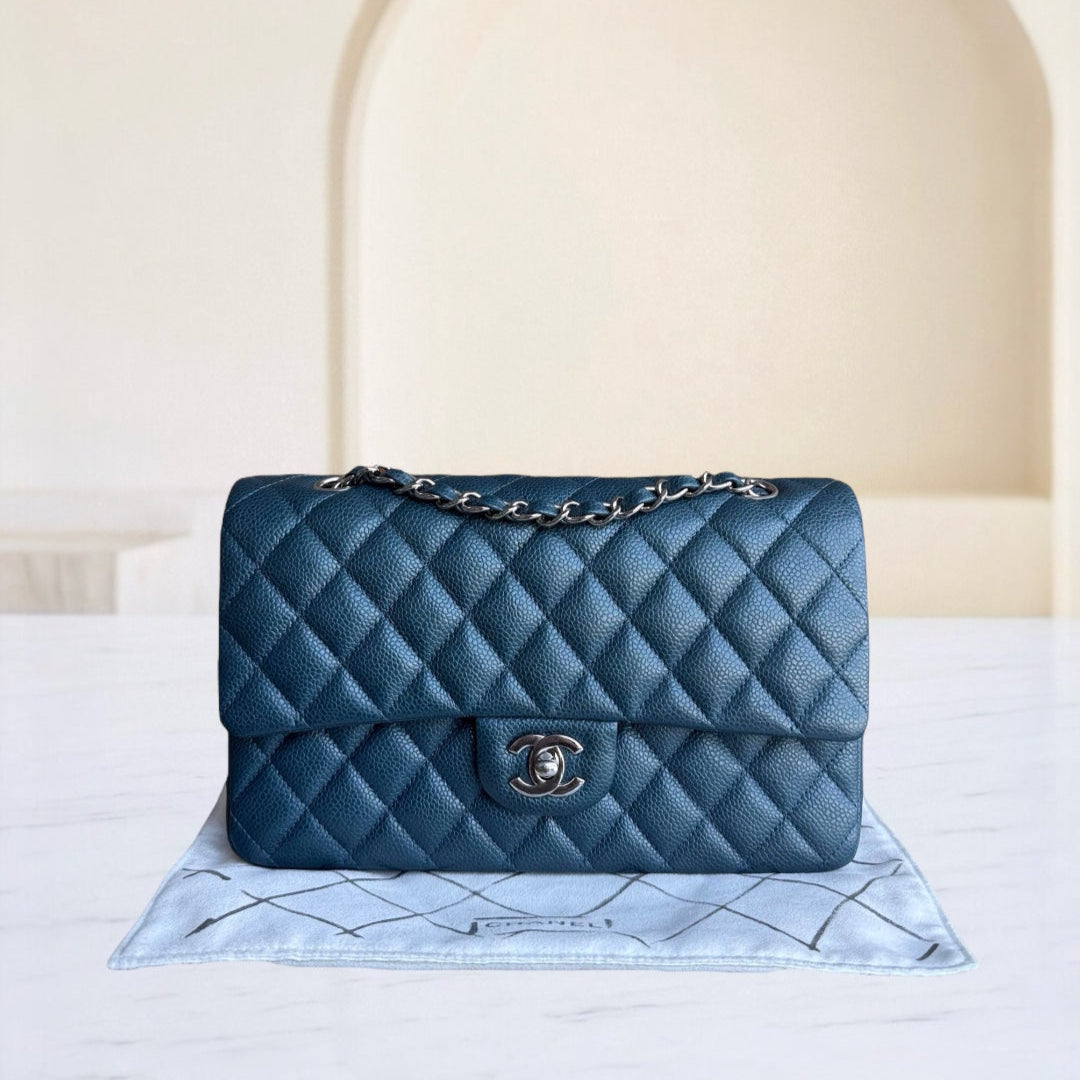 Chanel Classic Flap Medium - Caviar 25CM Quilted Grained Calfskin Blue Green Gold Hardware Series 20