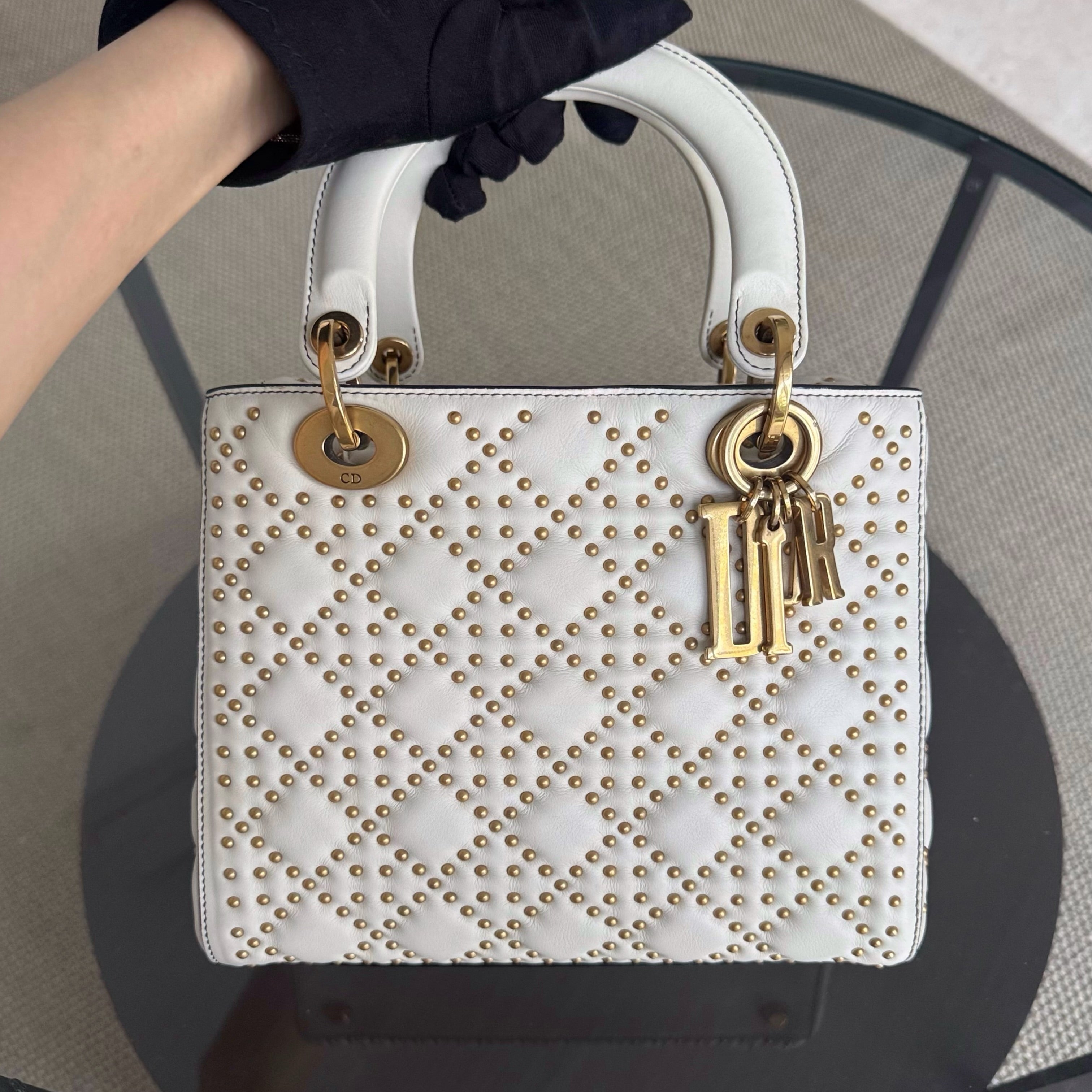 Dior Lady Medium Flap - Studded Cannage Calfskin White Gold Hardware
