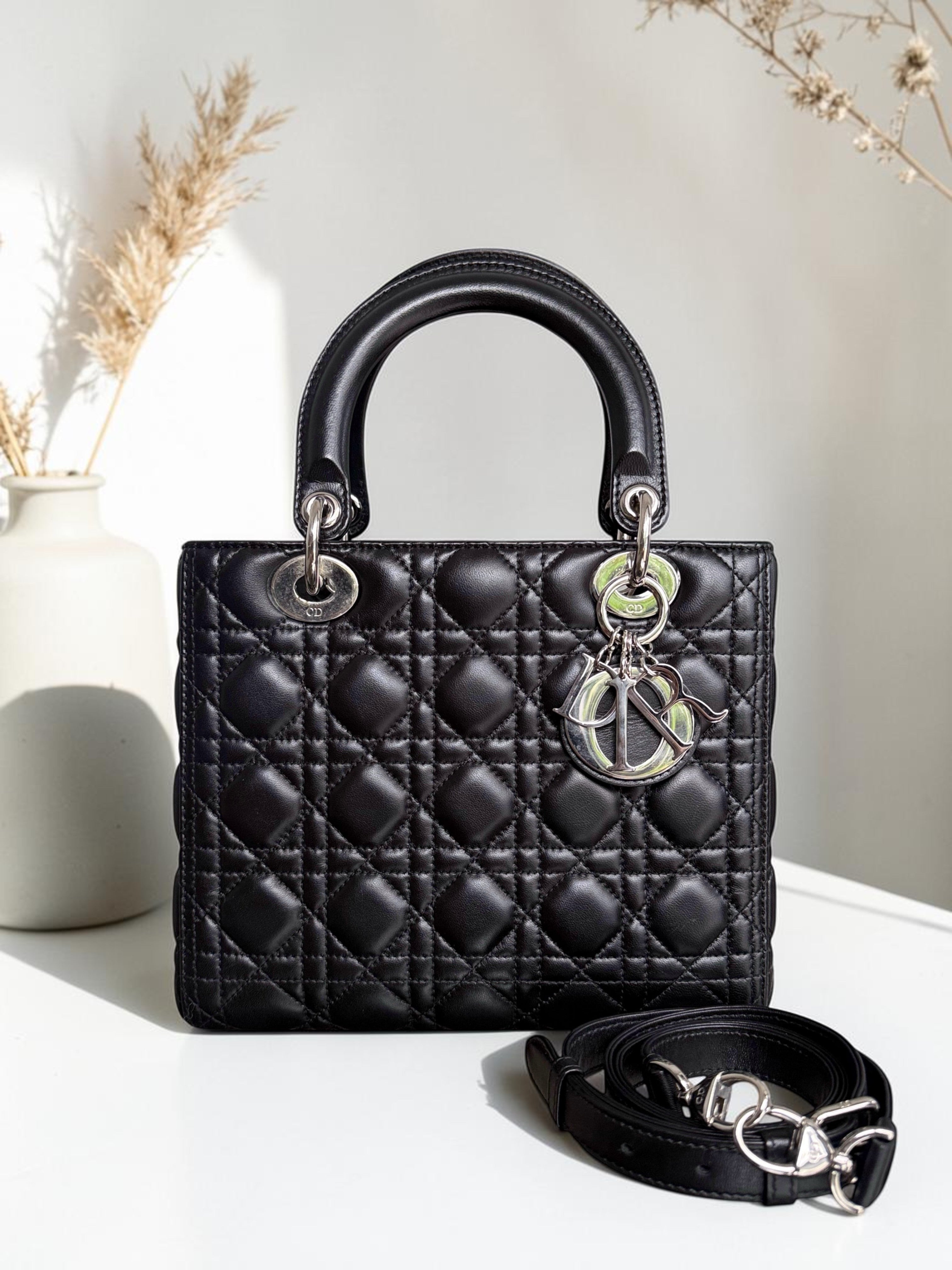 Dior Lady Medium - Cannage Lambskin Black Silver Hardware Adjustable Strap