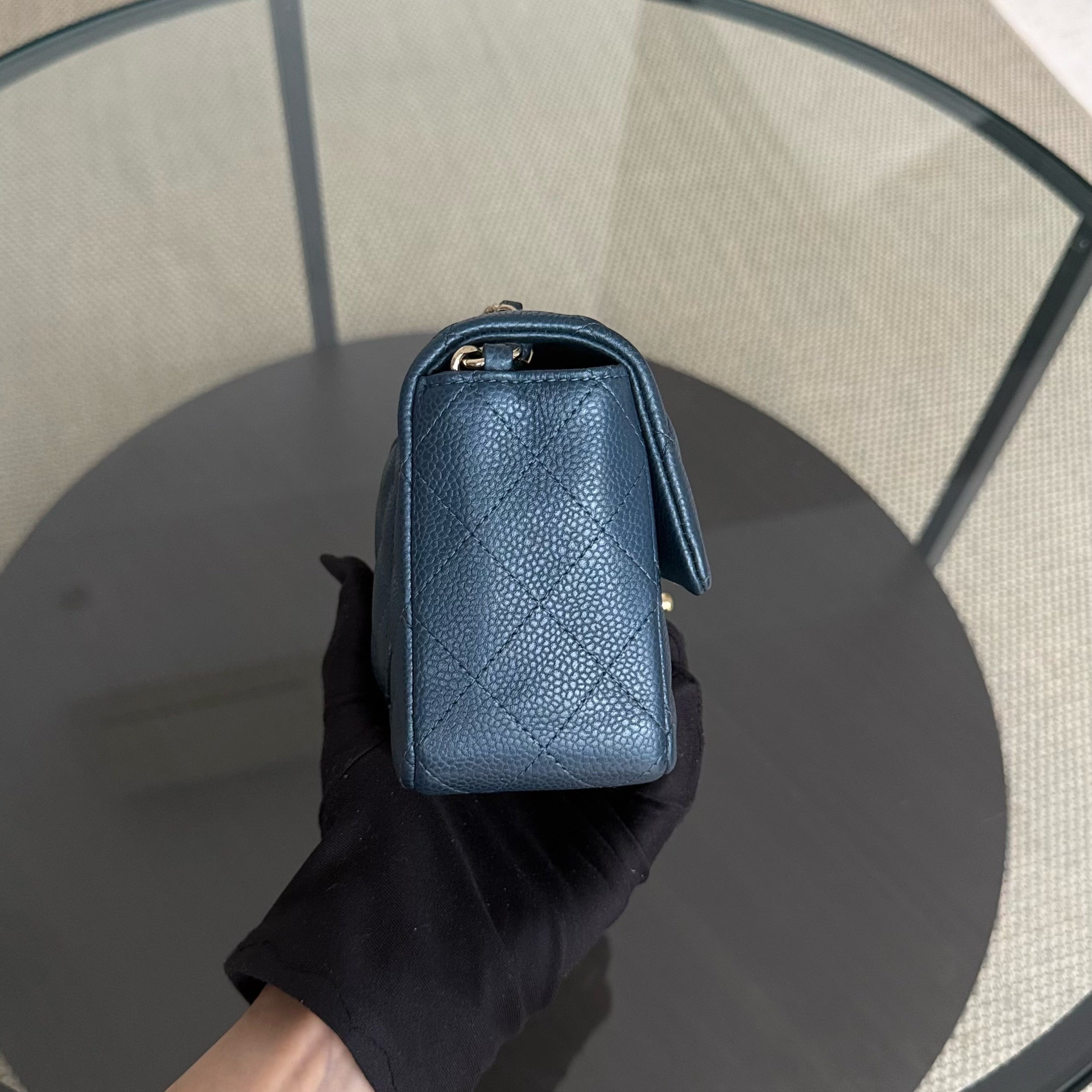Chanel Caviar Mini Rectangle Classic Flap - 20CM Quilted Blue Gold Hardware Series 25