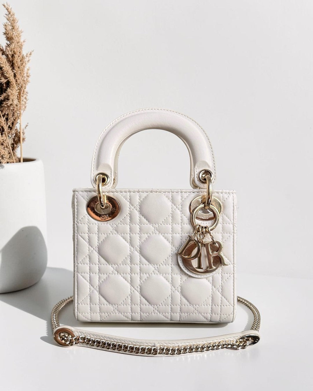 Dior Lady Mini - Year 2024 Cannage Lambskin White Gold Hardware Chain Strap