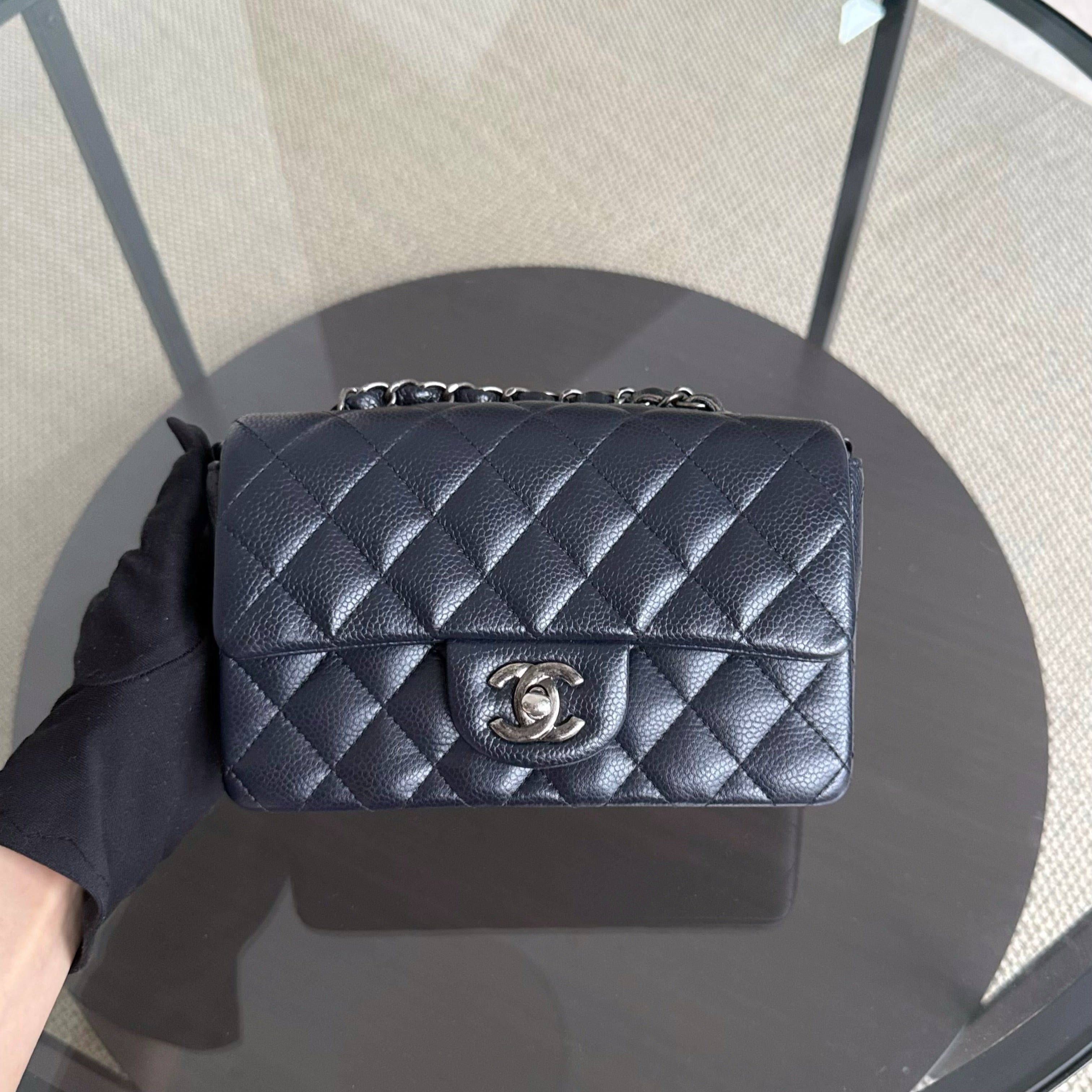 Chanel Caviar Mini Rectangle Classic Flap - 20CM Quilted Midnight Blue Ruthenium Silver Hardware Series 21