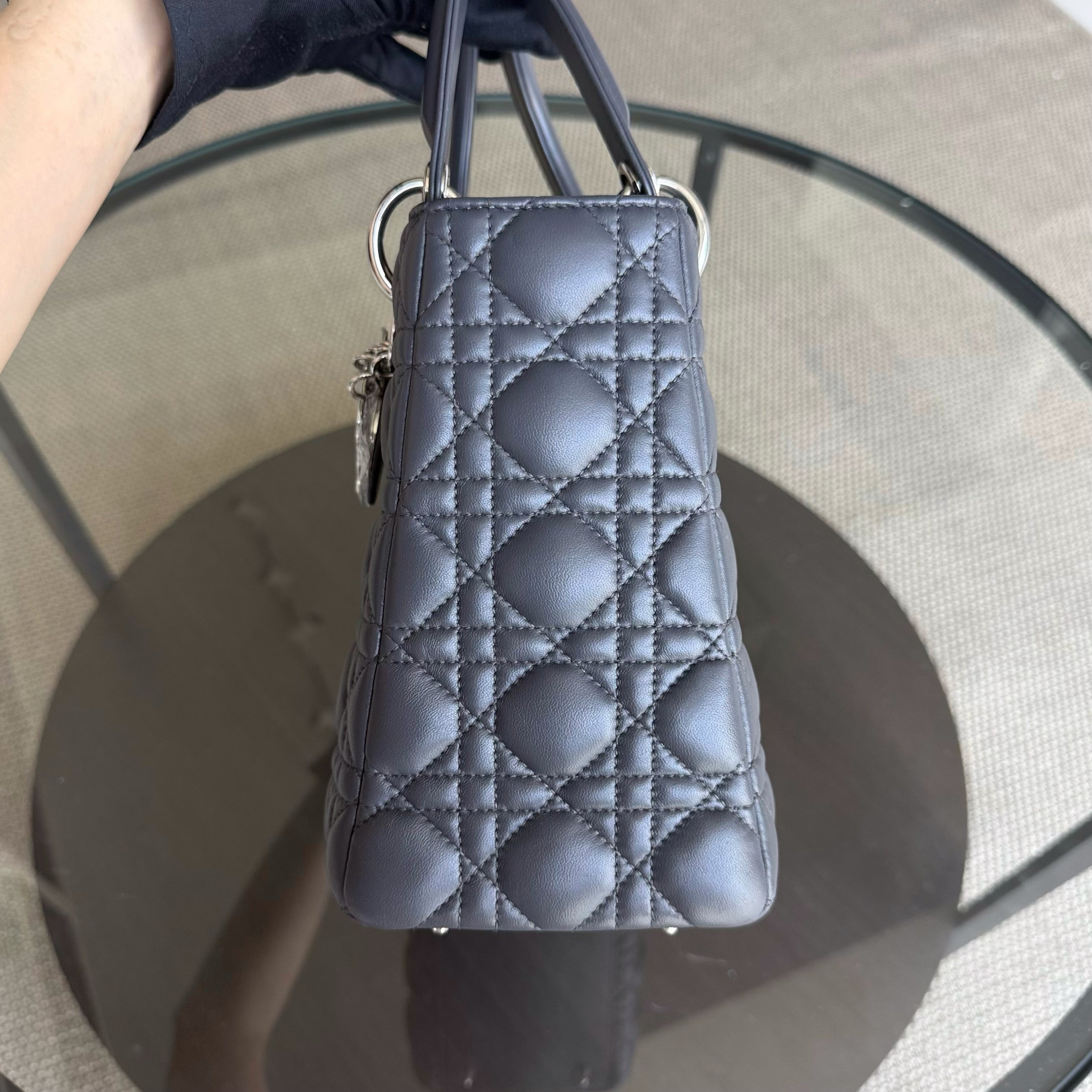 Dior Lady Medium - Cannage Lambskin Dark Gray Silver Hardware
