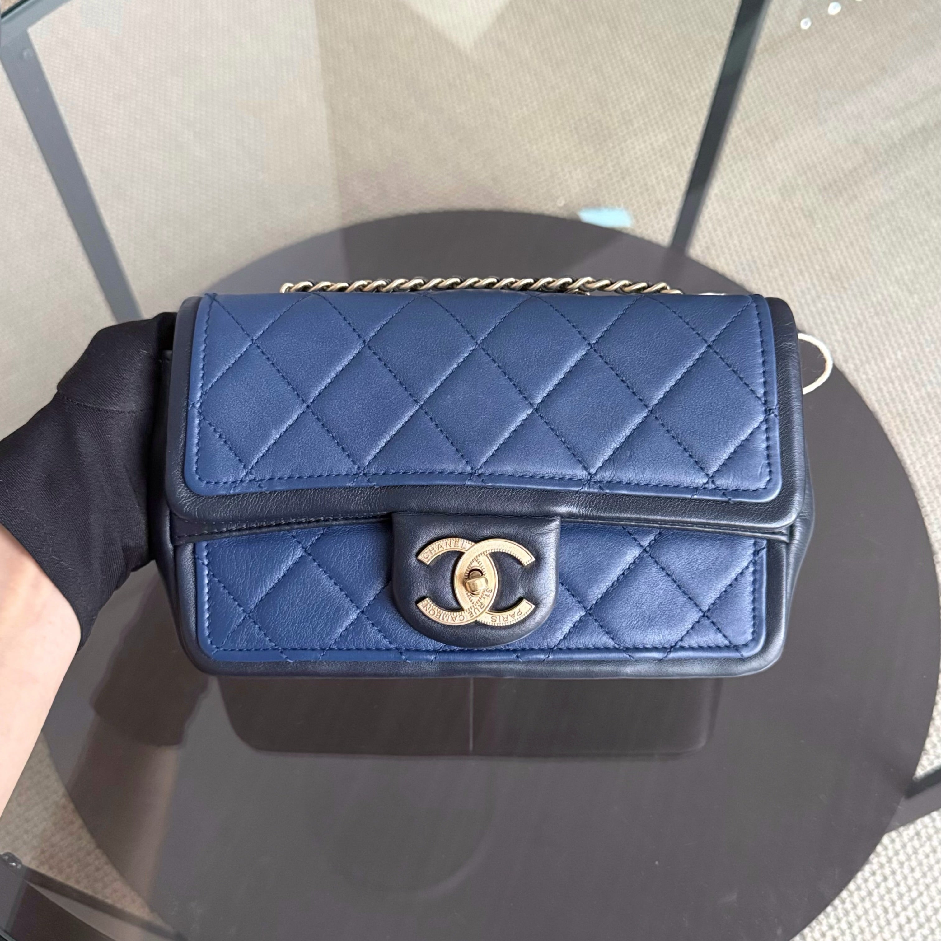 Chanel Seasonal Flap Small - 23CM Quilted Lambskin Bi-Color Blue Black Gold Hardware