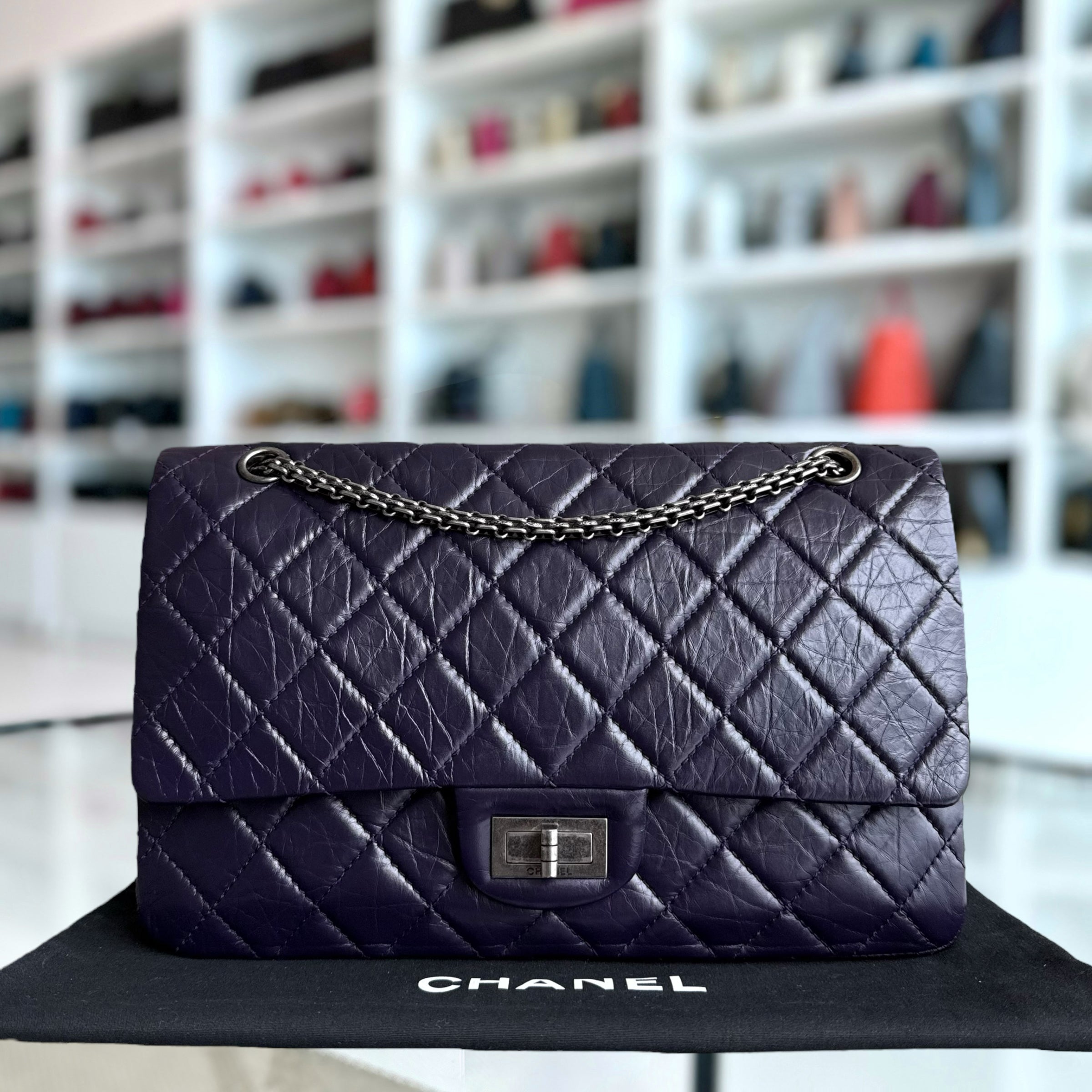 Chanel 2.55 Reissue 227 Large - Cannage Aged Calfskin Dark Violet Purple Ruthenium Silver Hardware Series 17