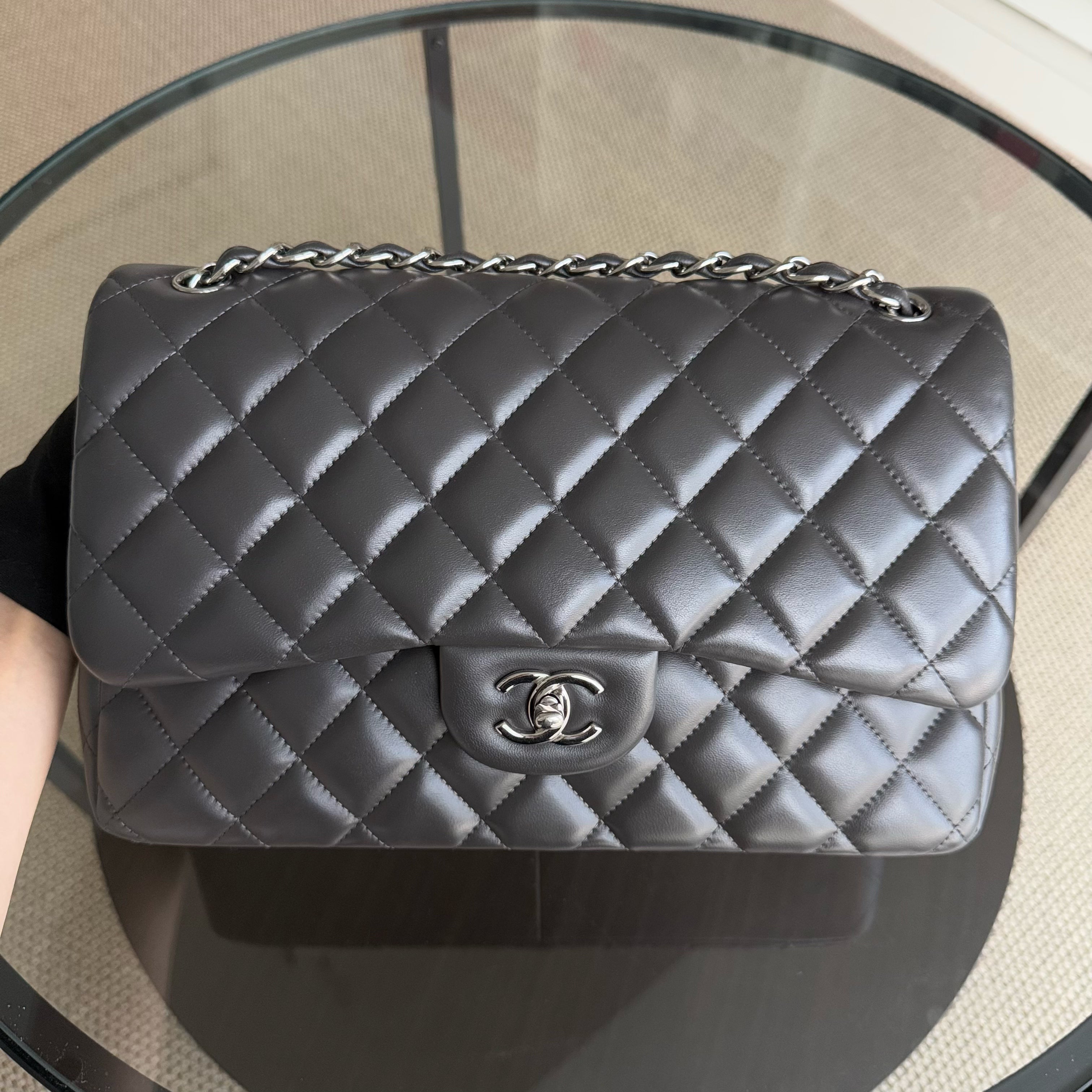 Chanel Classic Flap Jumbo - 30CM Quilted Lambskin Double Flap Dark Grey Gray Silver Hardware Series 16