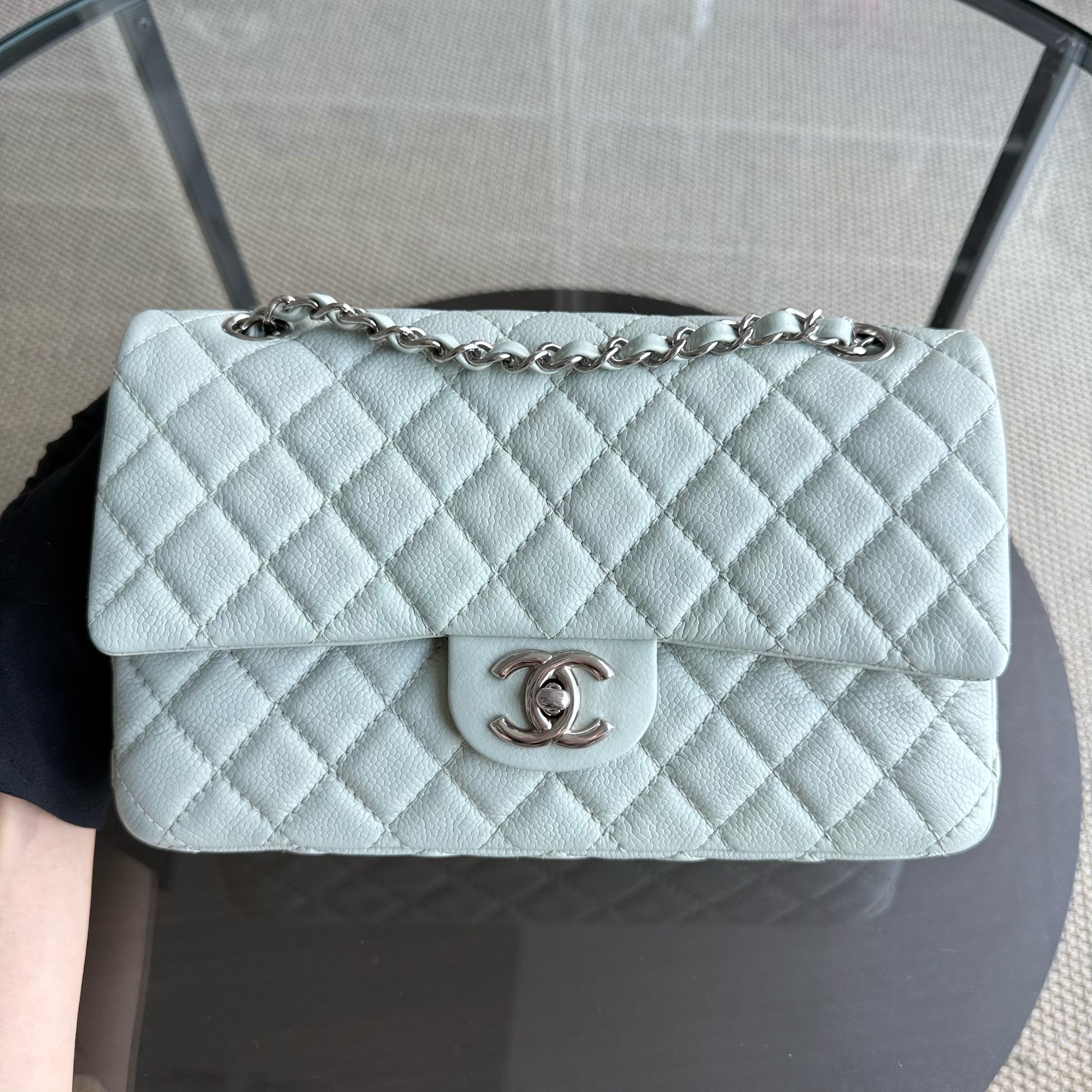 Chanel Classic Flap Medium - Caviar 25CM Quilted Light Mint Green Grey Gray Silver Hardware Series 12