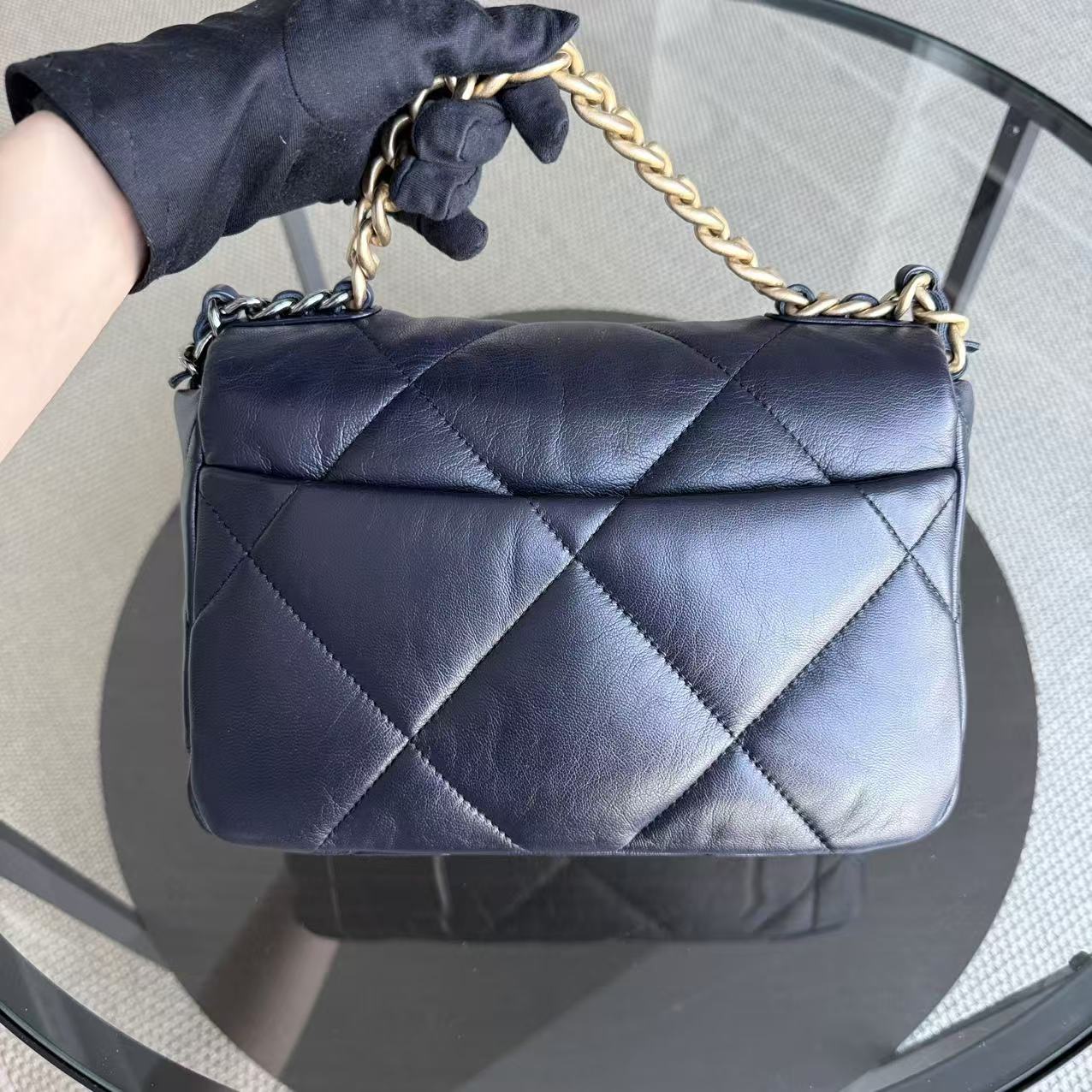 Chanel 19 Bag Small - 26CM C19 Quilted Goatskin Dark Navy Blue Two-tone Gold Hardware Series 30